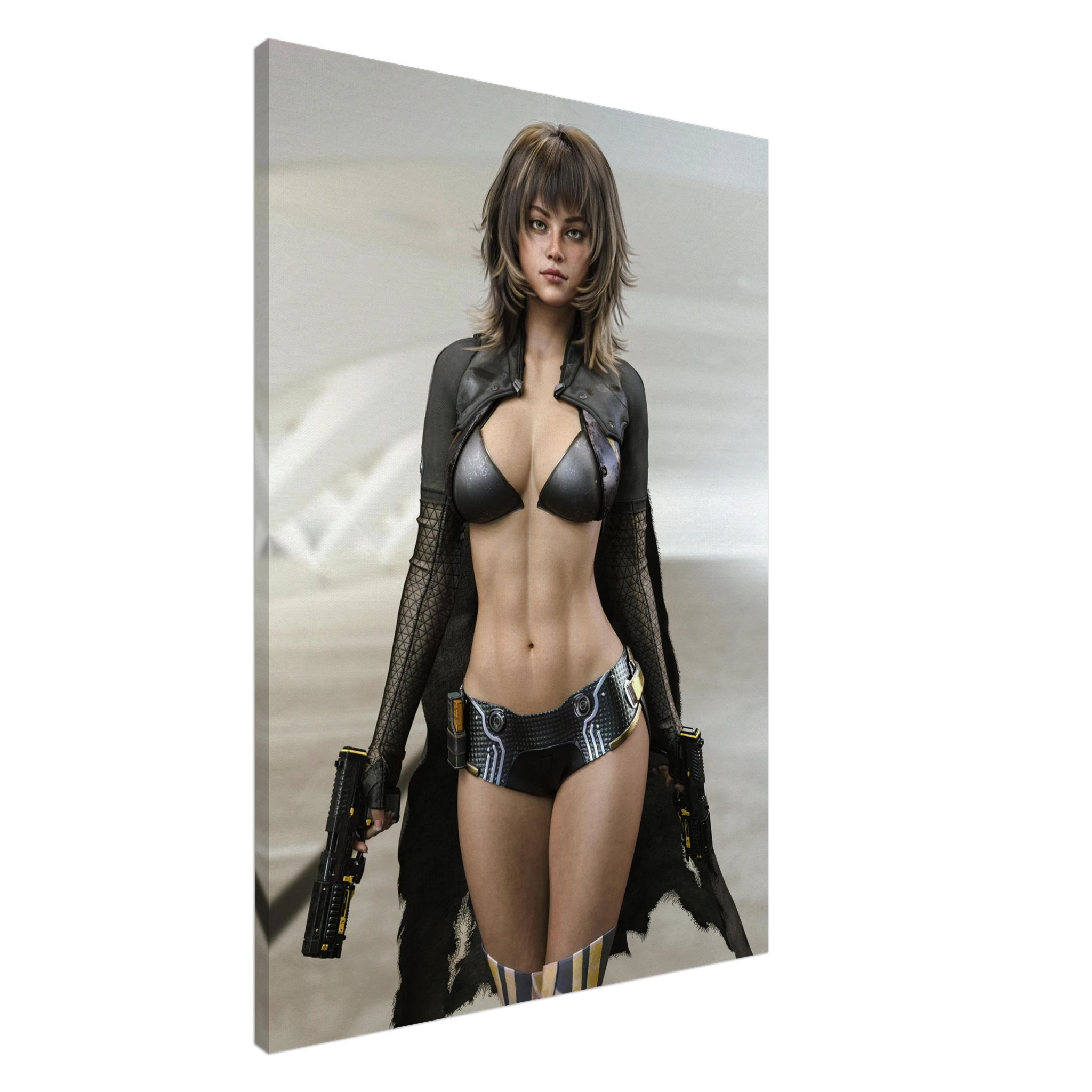 A vertical canvas wall art print featuring a futuristic female character in a black leather outfit holding two pistols, shown at a slight angle against a plain white background.
