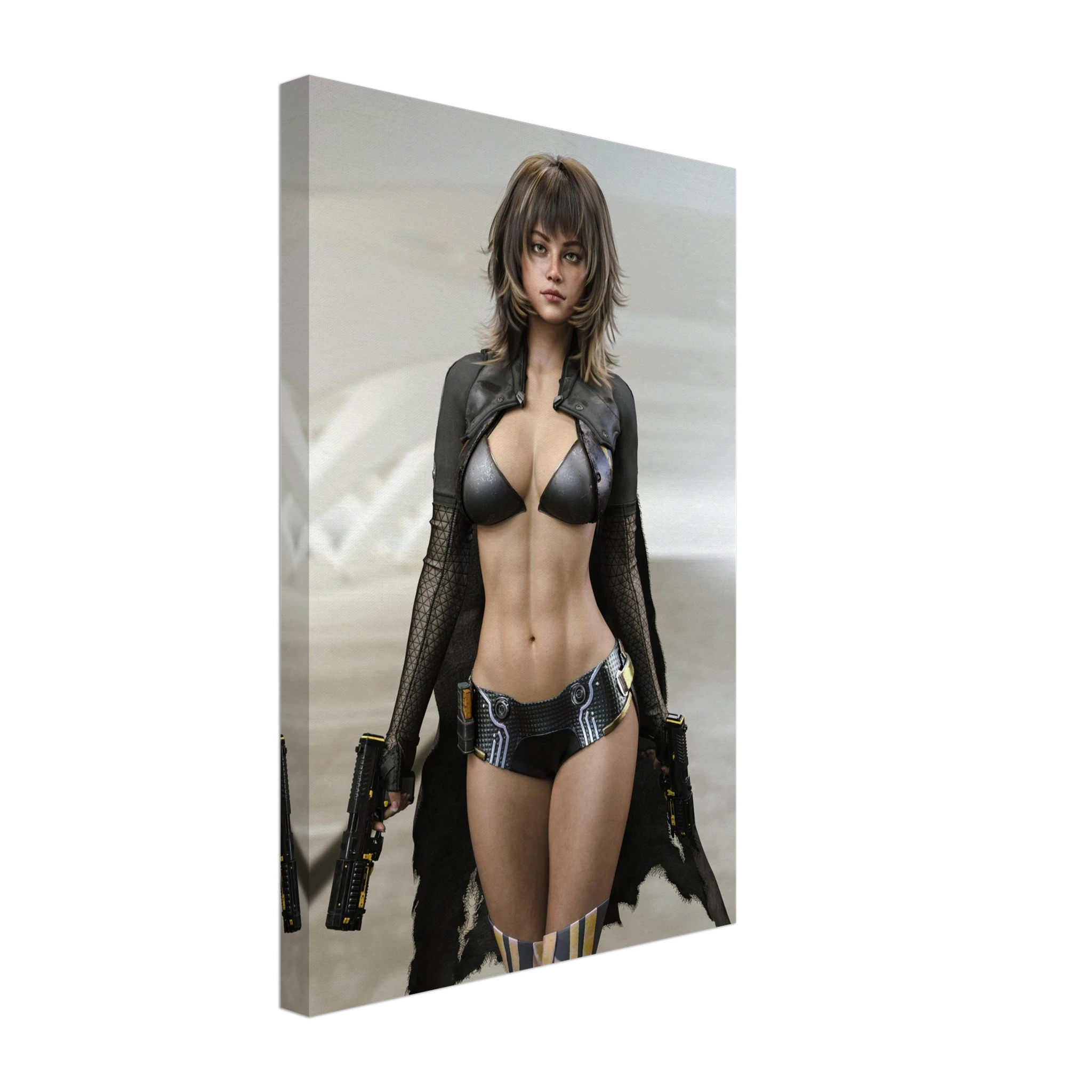A vertical canvas wall art print showing a futuristic woman in a black leather and metallic bikini-style outfit, photographed against a plain white background with the canvas angled slightly to show depth.