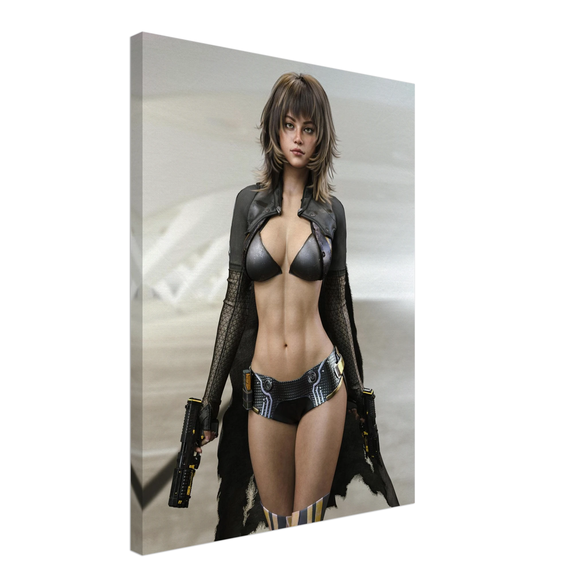 A vertical canvas wall art print featuring a stylized female character in a black bikini and long black coat holding guns, shown at an angle against a light gray background.