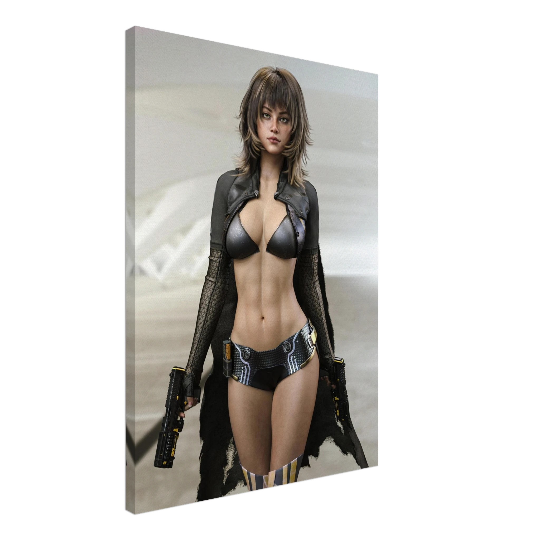 A vertical canvas wall art print featuring a futuristic female character in a black bikini and long black coat, shown at a slight angle against a plain white background.