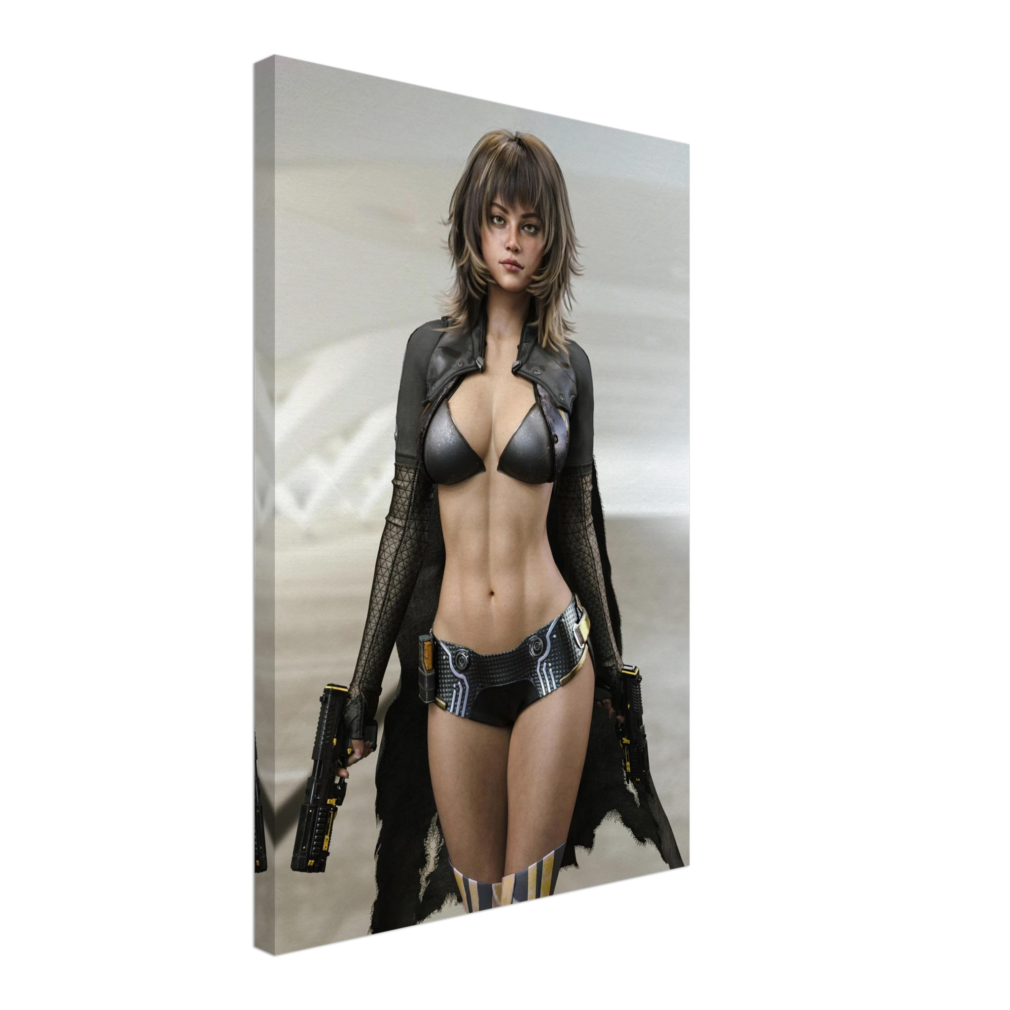 A vertical canvas wall art print featuring a stylized female character in a black bikini and long black coat holding guns, shown at an angle against a plain white background.