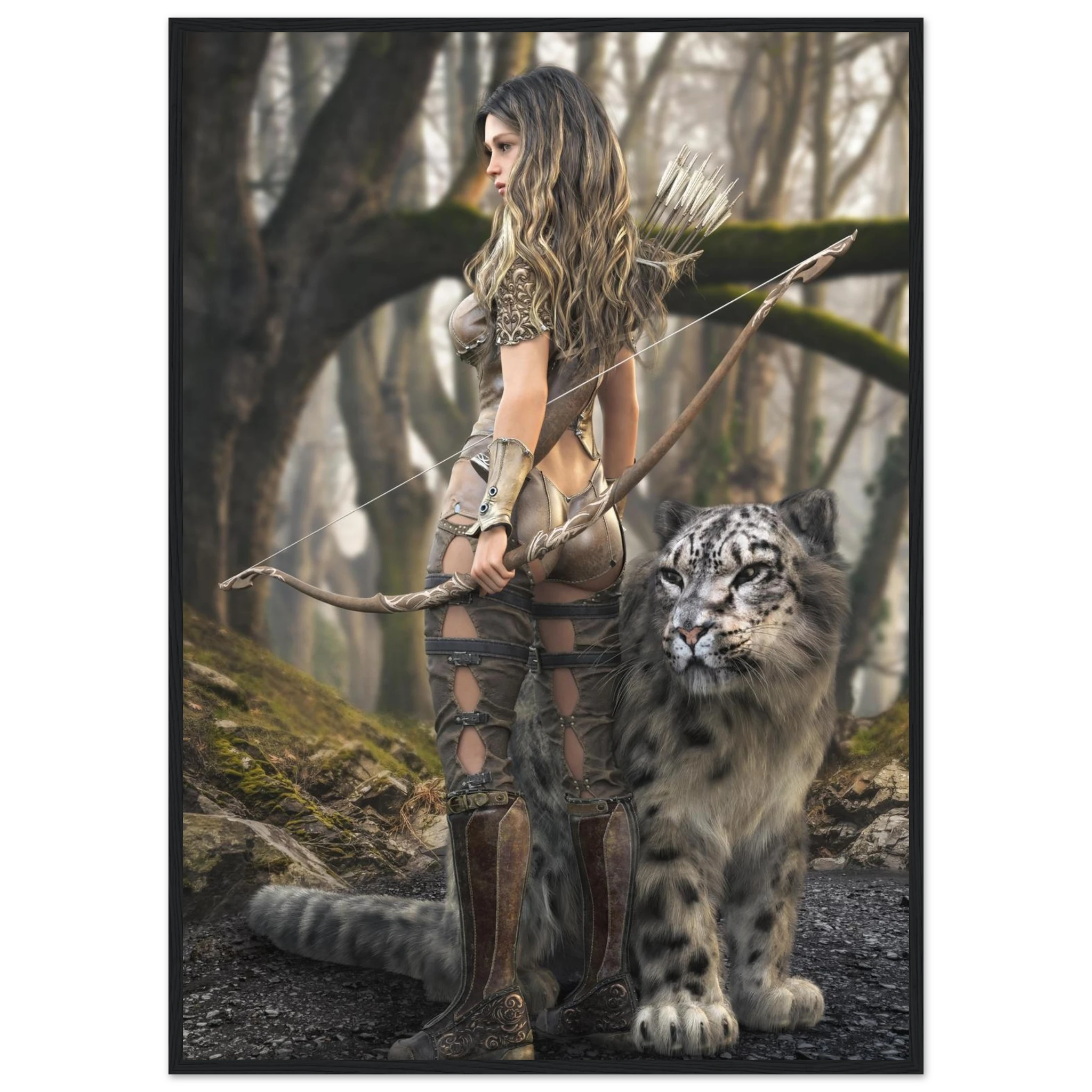 A framed art print depicting a fantasy scene of a woman archer with a bow and arrow standing beside a snow leopard in a misty forest.