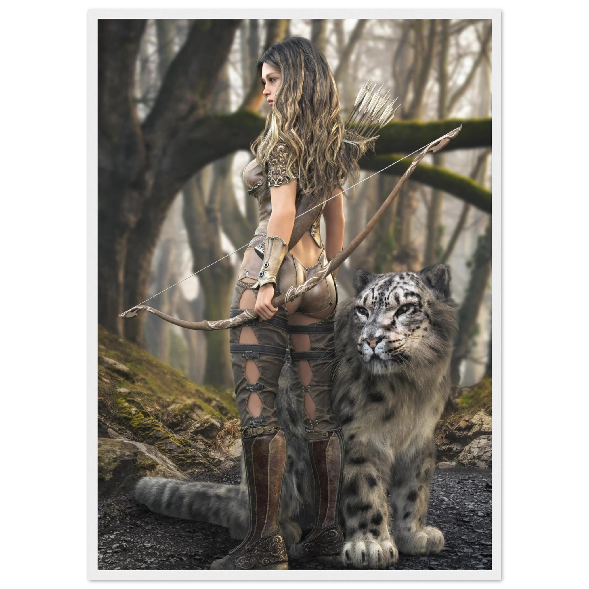 A framed art print depicting a fantasy scene of a woman archer with a bow and arrow standing next to a snow leopard in a misty forest.