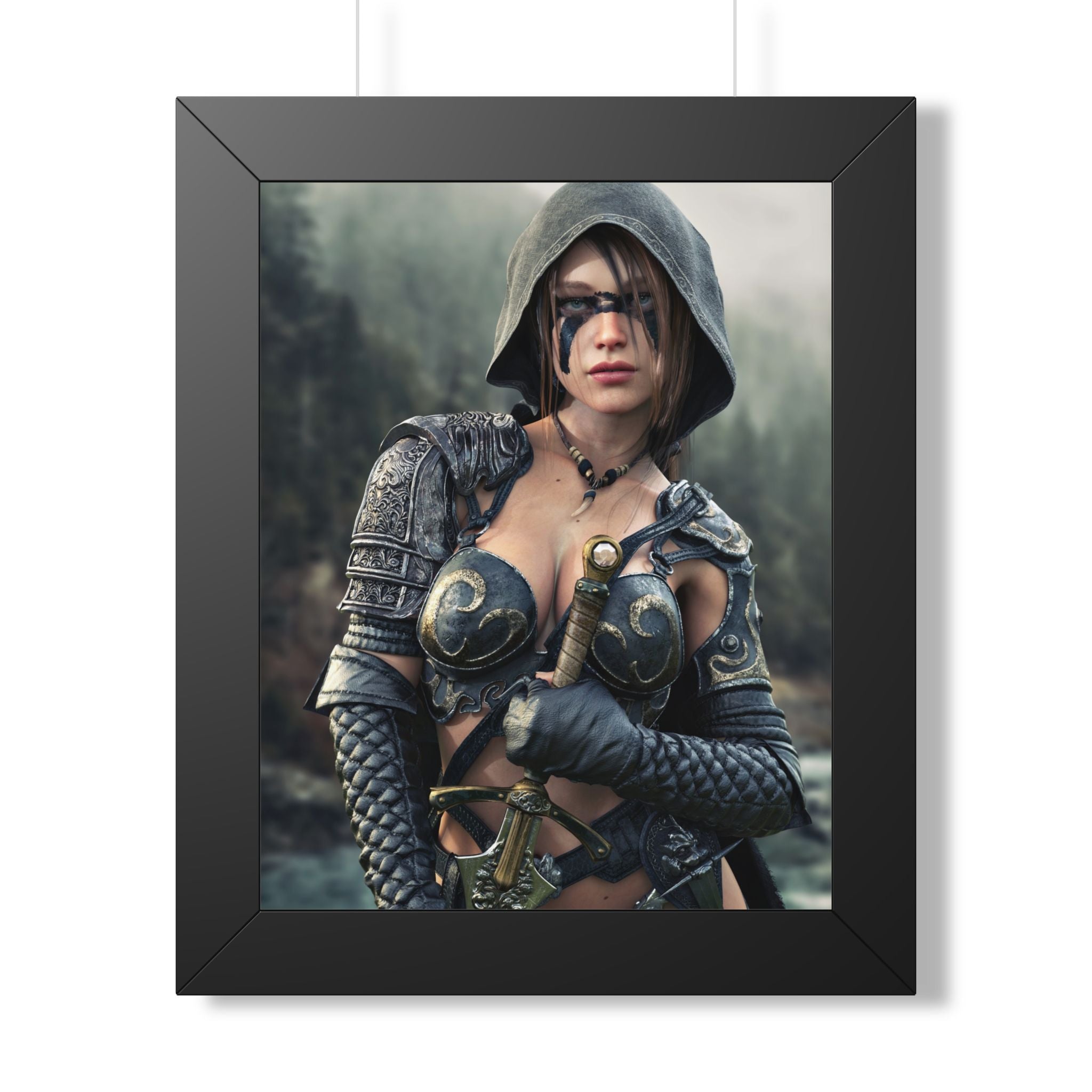Fantasy ranger wall art featuring a hooded female warrior with face paint, ornate armor, and sword against a misty forest backdrop for fantasy decor.