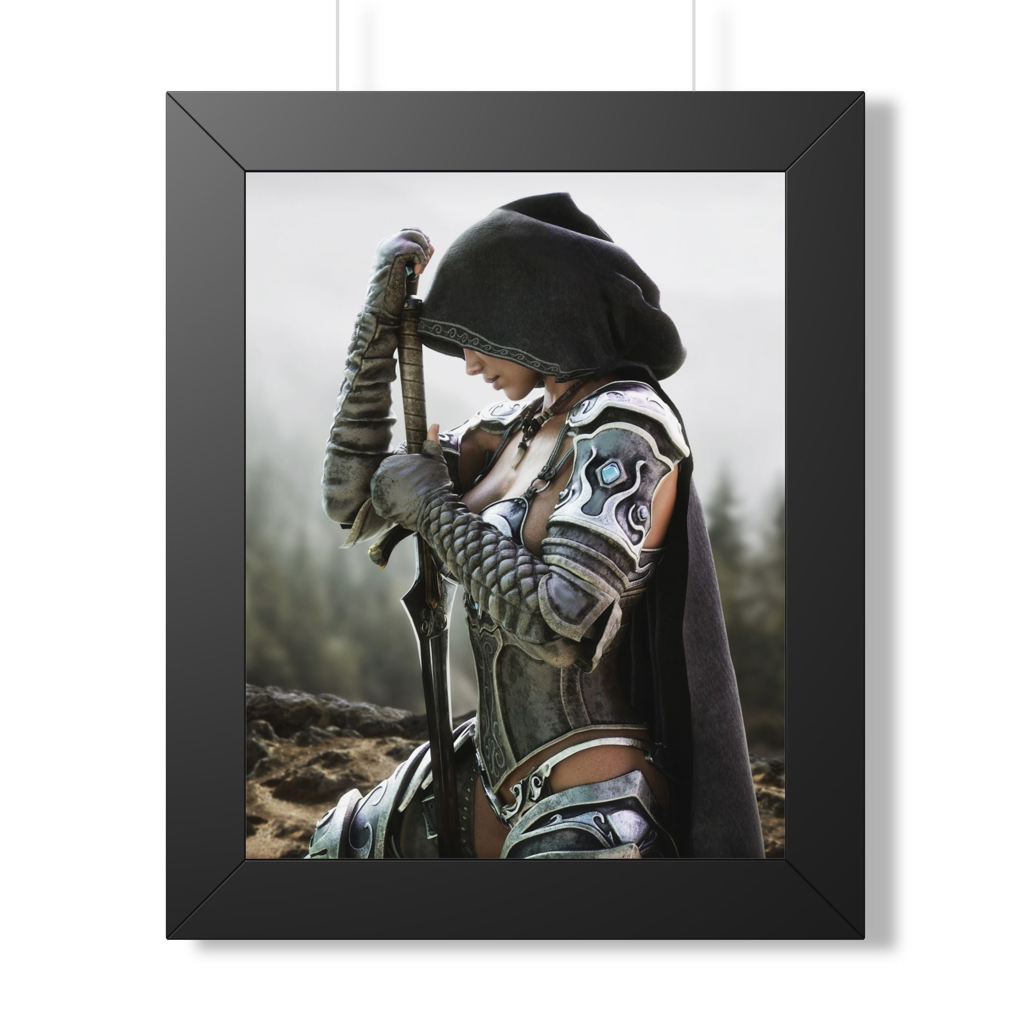 Hooded female fantasy warrior kneels with sword in hand, wearing ornate silver armor and a dark cloak against a misty wilderness backdrop.