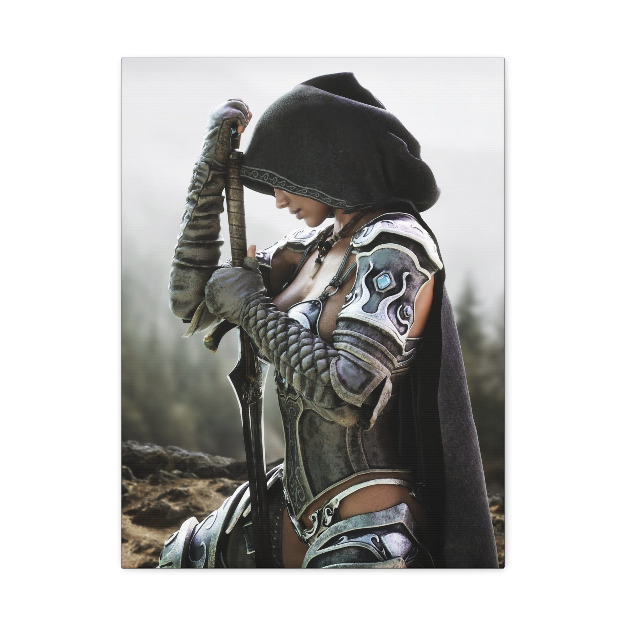 Hooded female fantasy warrior kneels with sword in hand, wearing ornate silver armor and a dark cloak against a misty wilderness backdrop.