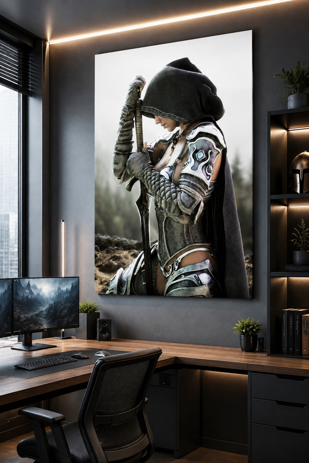Hooded female fantasy warrior kneels with sword in hand, wearing ornate silver armor and a dark cloak against a misty wilderness backdrop.