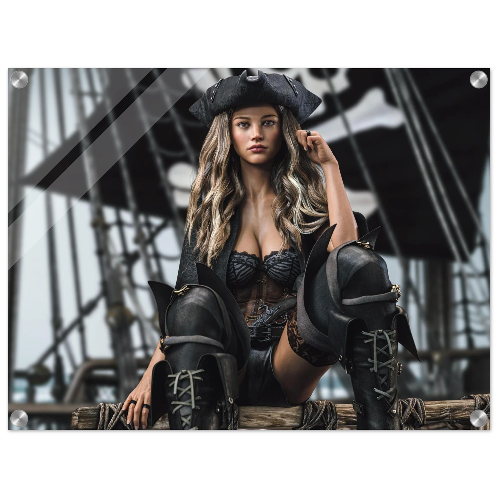 Handcrafted fantasy artwork featuring a confident female pirate captain seated aboard a legendary sailing ship, wearing a black tricorne hat, elegant corset, and towering leather pirate boots. Surrounded by weathered rigging, wooden beams, and towering black sails, she commands the deck with calm authority and unmistakable presence. Rich cinematic lighting, detailed nautical textures, and realistic craftsmanship evoke the romance and danger of the golden age of piracy, making this artwork an exceptional pie
