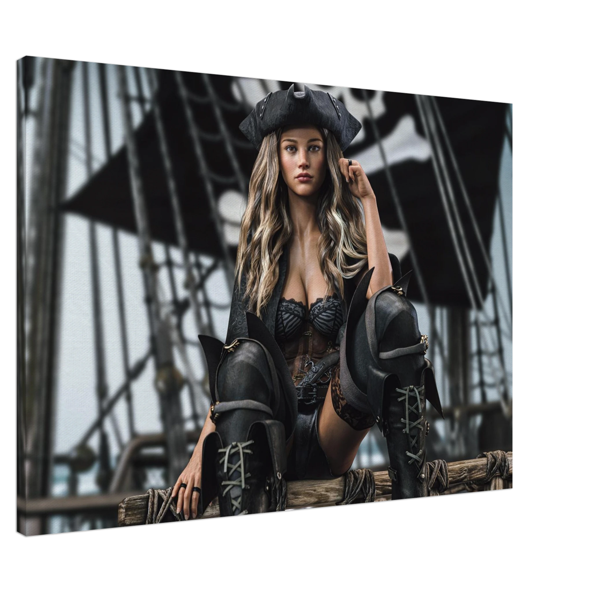 Handcrafted fantasy artwork featuring a confident female pirate captain seated aboard a legendary sailing ship, wearing a black tricorne hat, elegant corset, and towering leather pirate boots. Surrounded by weathered rigging, wooden beams, and towering black sails, she commands the deck with calm authority and unmistakable presence. Rich cinematic lighting, detailed nautical textures, and realistic craftsmanship evoke the romance and danger of the golden age of piracy, making this artwork an exceptional pie