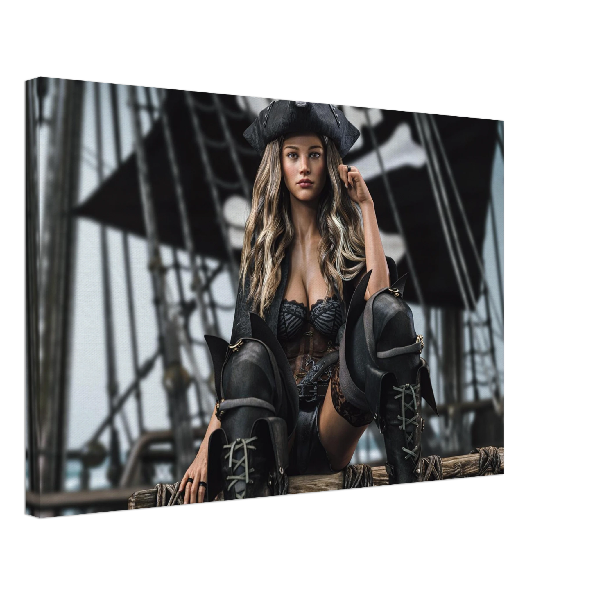Handcrafted fantasy artwork featuring a confident female pirate captain seated aboard a legendary sailing ship, wearing a black tricorne hat, elegant corset, and towering leather pirate boots. Surrounded by weathered rigging, wooden beams, and towering black sails, she commands the deck with calm authority and unmistakable presence. Rich cinematic lighting, detailed nautical textures, and realistic craftsmanship evoke the romance and danger of the golden age of piracy, making this artwork an exceptional pie