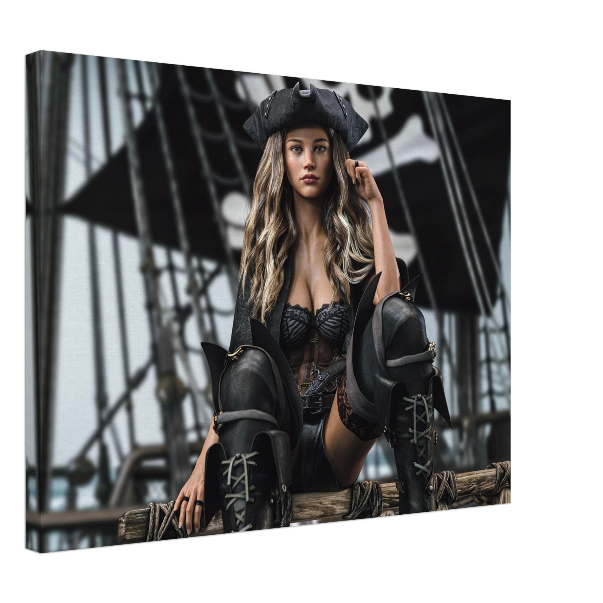 Handcrafted fantasy artwork featuring a confident female pirate captain seated aboard a legendary sailing ship, wearing a black tricorne hat, elegant corset, and towering leather pirate boots. Surrounded by weathered rigging, wooden beams, and towering black sails, she commands the deck with calm authority and unmistakable presence. Rich cinematic lighting, detailed nautical textures, and realistic craftsmanship evoke the romance and danger of the golden age of piracy, making this artwork an exceptional pie