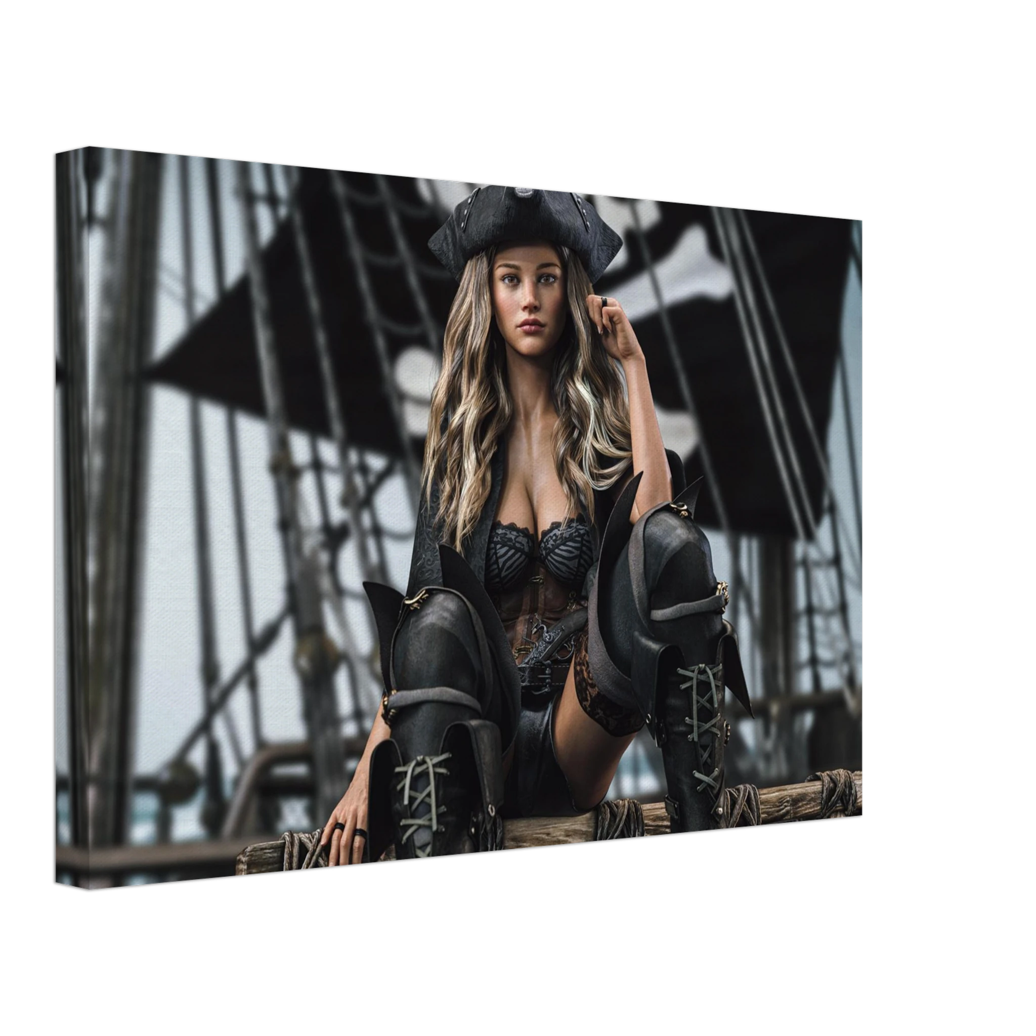 Handcrafted fantasy artwork featuring a confident female pirate captain seated aboard a legendary sailing ship, wearing a black tricorne hat, elegant corset, and towering leather pirate boots. Surrounded by weathered rigging, wooden beams, and towering black sails, she commands the deck with calm authority and unmistakable presence. Rich cinematic lighting, detailed nautical textures, and realistic craftsmanship evoke the romance and danger of the golden age of piracy, making this artwork an exceptional pie
