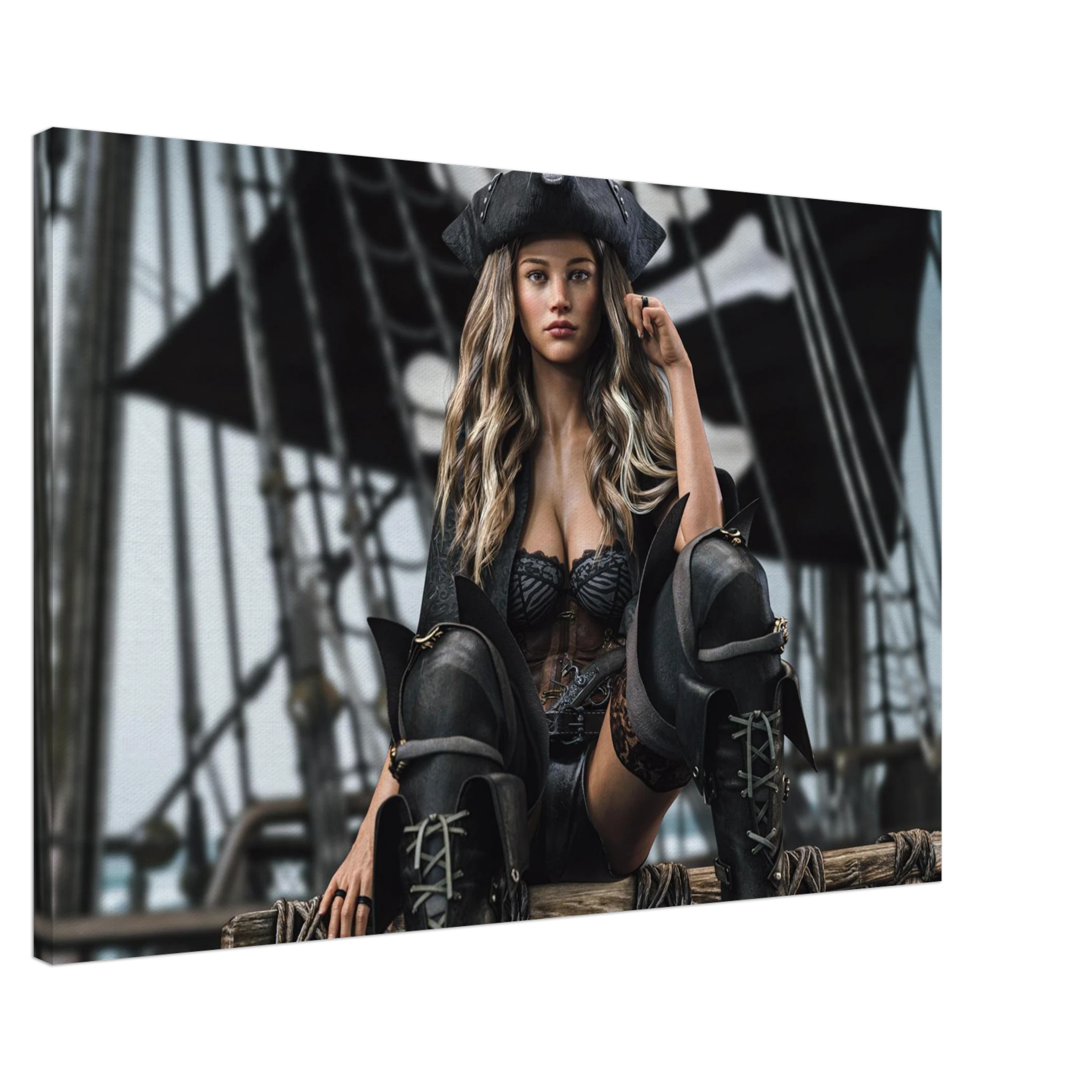 Handcrafted fantasy artwork featuring a confident female pirate captain seated aboard a legendary sailing ship, wearing a black tricorne hat, elegant corset, and towering leather pirate boots. Surrounded by weathered rigging, wooden beams, and towering black sails, she commands the deck with calm authority and unmistakable presence. Rich cinematic lighting, detailed nautical textures, and realistic craftsmanship evoke the romance and danger of the golden age of piracy, making this artwork an exceptional pie