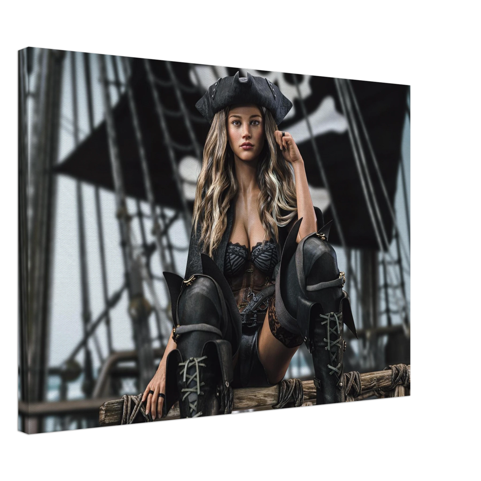 Handcrafted fantasy artwork featuring a confident female pirate captain seated aboard a legendary sailing ship, wearing a black tricorne hat, elegant corset, and towering leather pirate boots. Surrounded by weathered rigging, wooden beams, and towering black sails, she commands the deck with calm authority and unmistakable presence. Rich cinematic lighting, detailed nautical textures, and realistic craftsmanship evoke the romance and danger of the golden age of piracy, making this artwork an exceptional pie