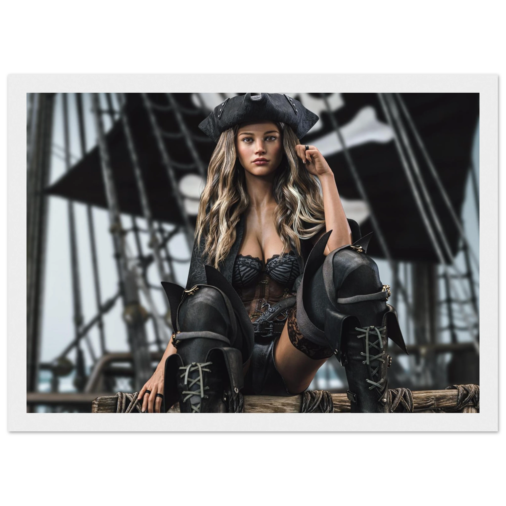 A pirate-themed art print featuring a woman in a black pirate costume with a hat and tall boots, posed on a ship's deck with a blurred sailing ship in the background. The print is shown with a white border.
