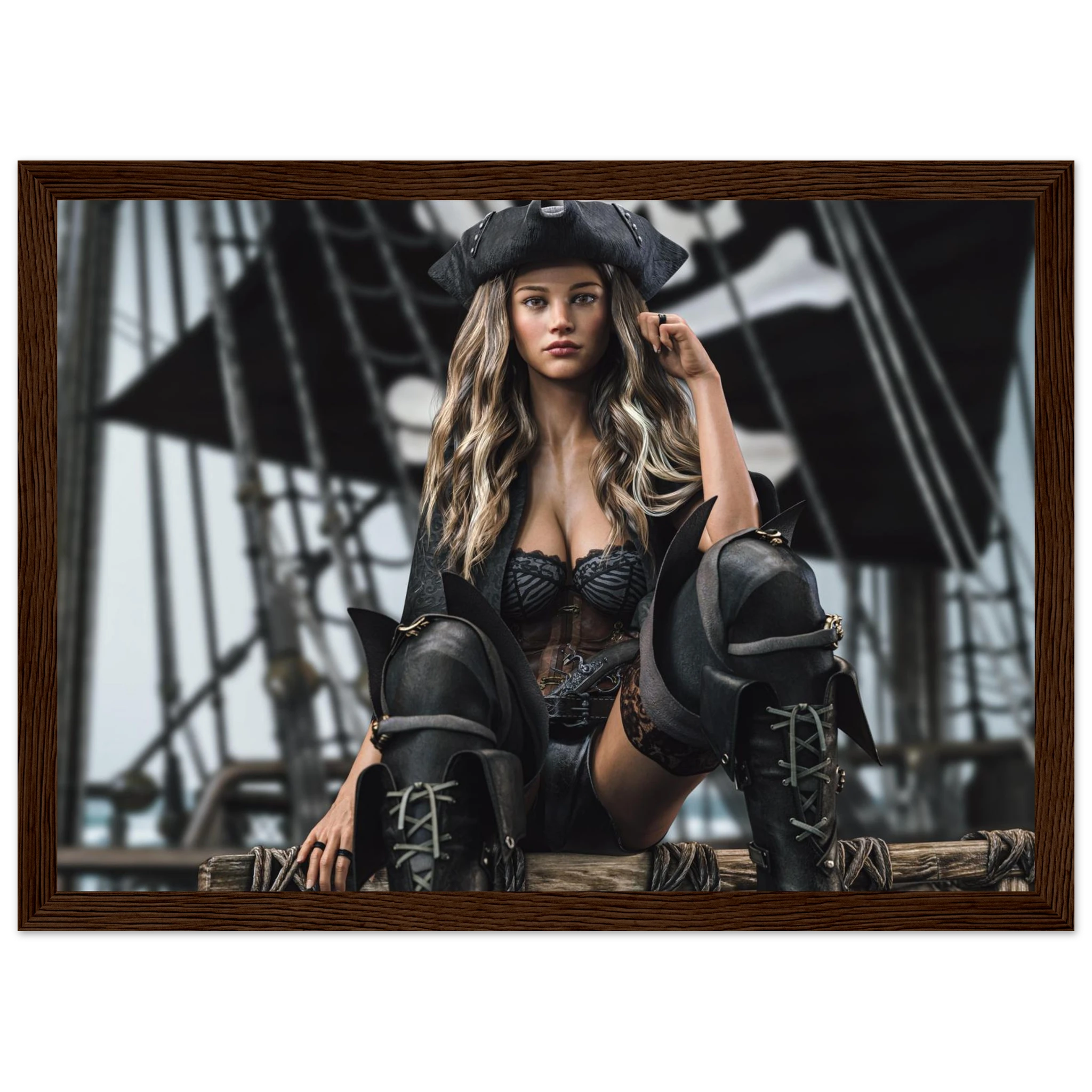 A framed art print featuring a pirate woman in a black corset and hat sitting on a ship's rigging, shown in a dark brown wooden frame against a white background.