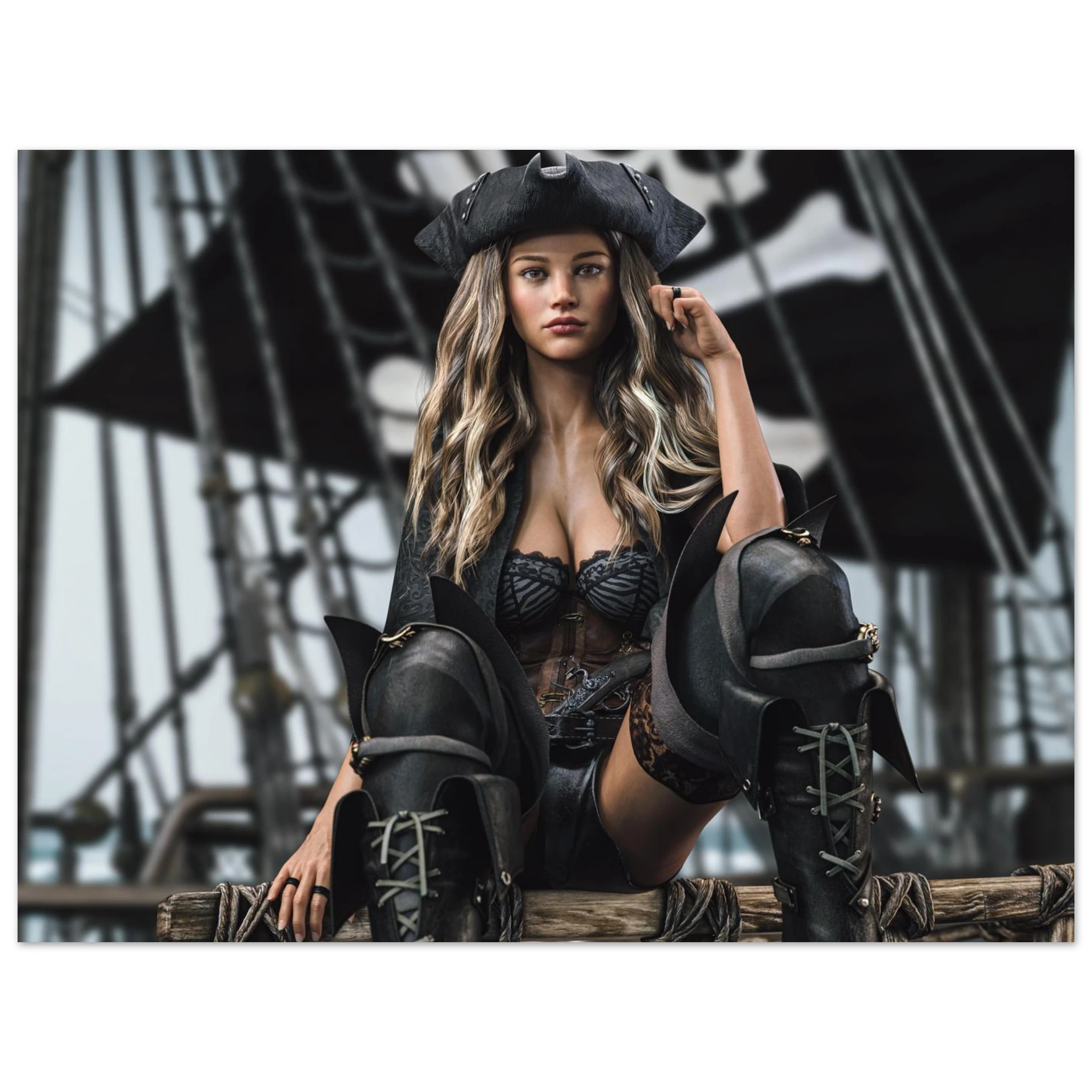 Handcrafted fantasy artwork featuring a confident female pirate captain seated aboard a legendary sailing ship, wearing a black tricorne hat, elegant corset, and towering leather pirate boots. Surrounded by weathered rigging, wooden beams, and towering black sails, she commands the deck with calm authority and unmistakable presence. Rich cinematic lighting, detailed nautical textures, and realistic craftsmanship evoke the romance and danger of the golden age of piracy, making this artwork an exceptional pie
