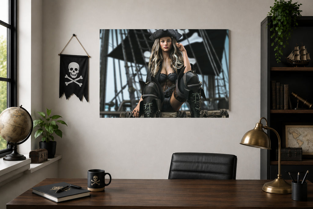 Pirate-themed wall art above a desk with office items.
