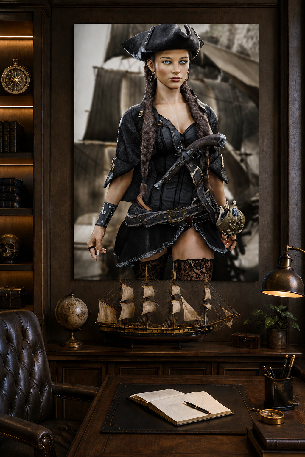 Fantasy pirate wall art featuring a beautiful female pirate captain with braided hair, tricorn hat, and elegant black attire standing before a sailing ship.