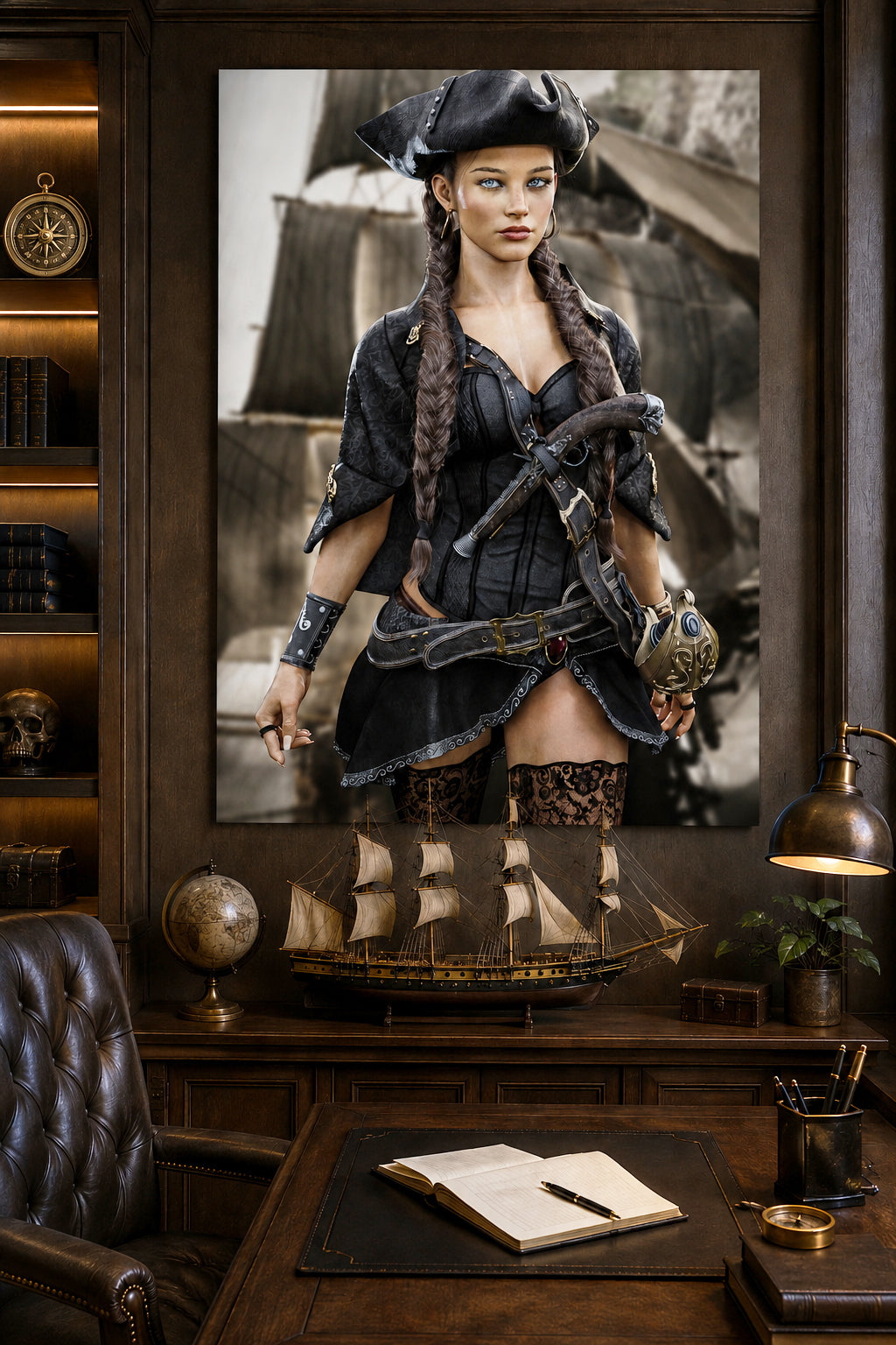 Fantasy Pirate female art on display in an office