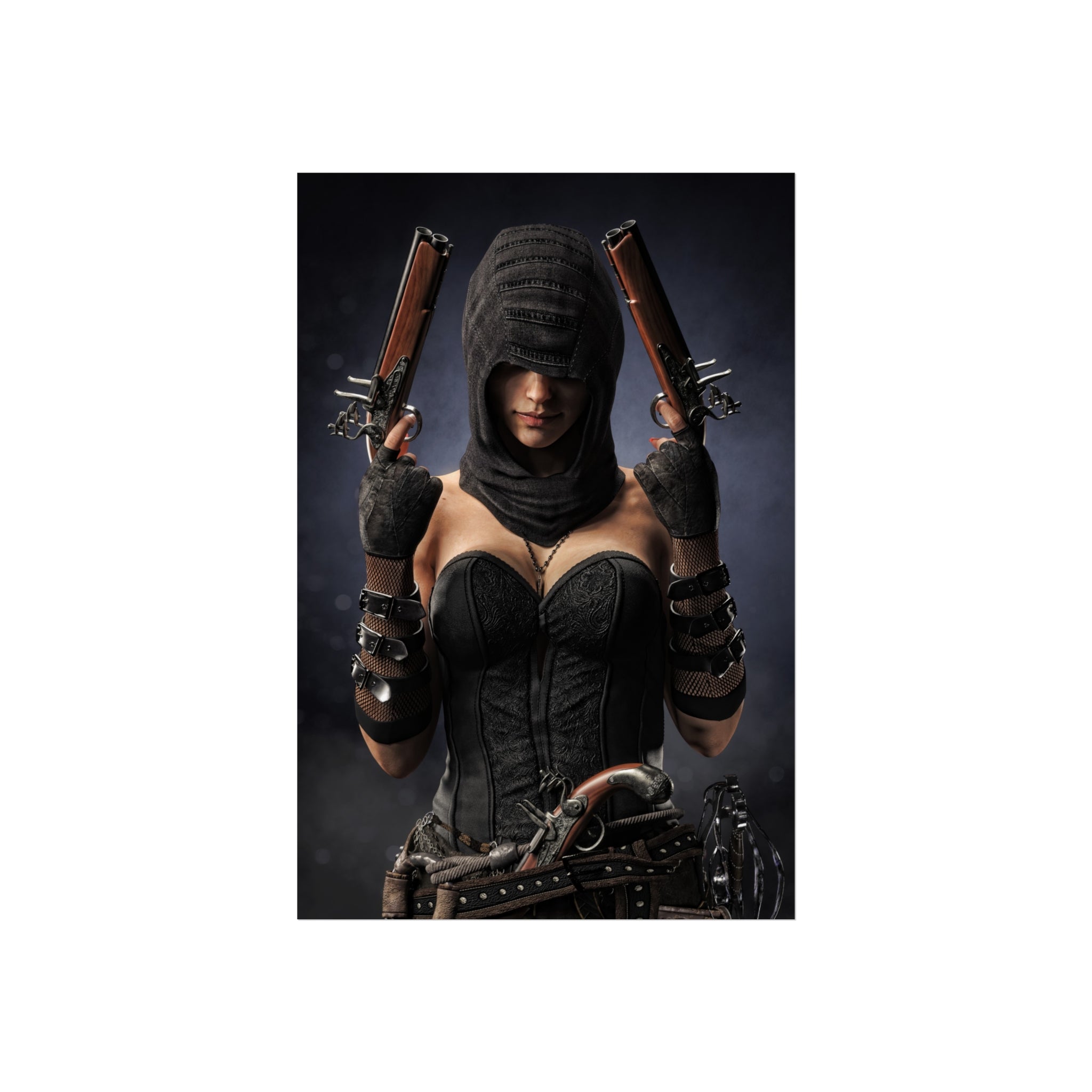 Hooded pirate assassin in dark leather attire holding twin flintlock pistols, standing in dramatic shadows with a mysterious presence.