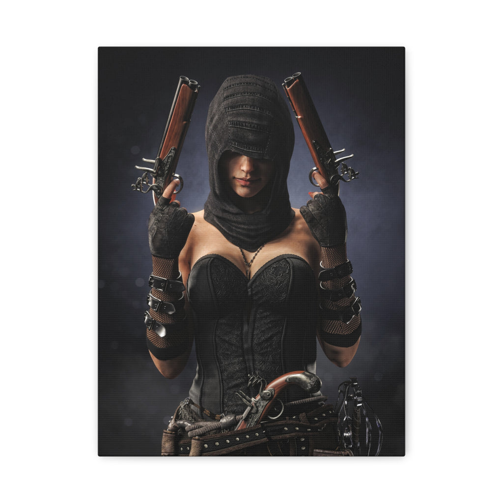 Hooded pirate assassin in dark leather attire holding twin flintlock pistols, standing in dramatic shadows with a mysterious presence.