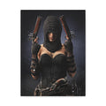 Hooded pirate assassin in dark leather attire holding twin flintlock pistols, standing in dramatic shadows with a mysterious presence.