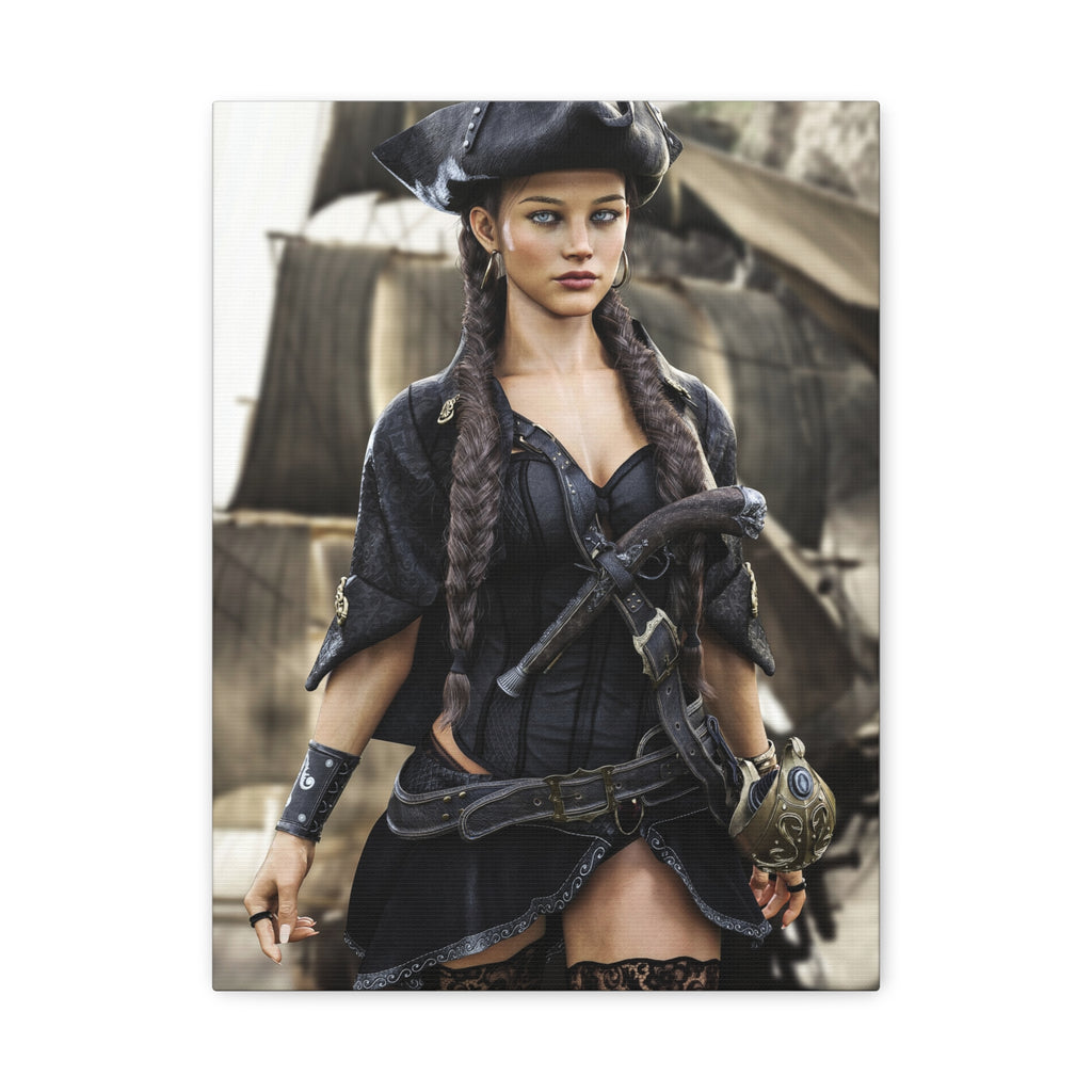 Fantasy pirate wall art featuring a beautiful female pirate captain with braided hair, tricorn hat, and elegant black attire standing before a sailing ship.