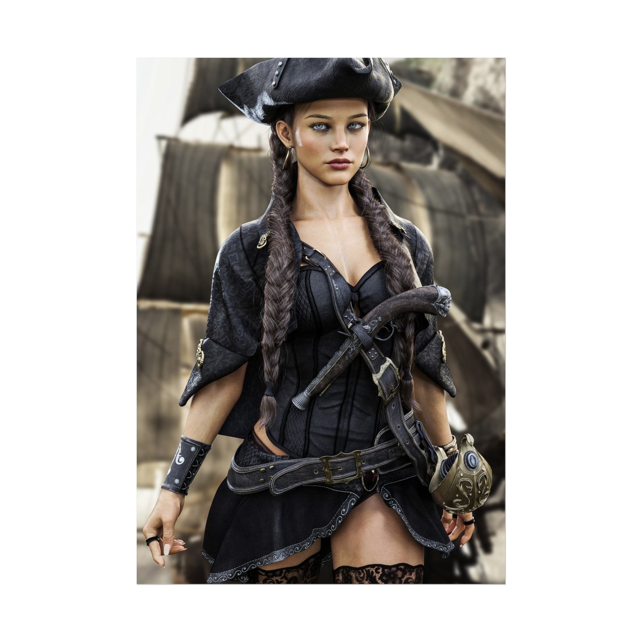 Fantasy pirate wall art featuring a beautiful female pirate captain with braided hair, tricorn hat, and elegant black attire standing before a sailing ship.