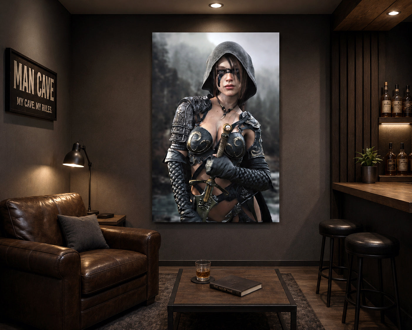 Fantasy ranger wall art featuring a hooded female warrior with face paint, ornate armor, and sword against a misty forest backdrop for fantasy decor.
