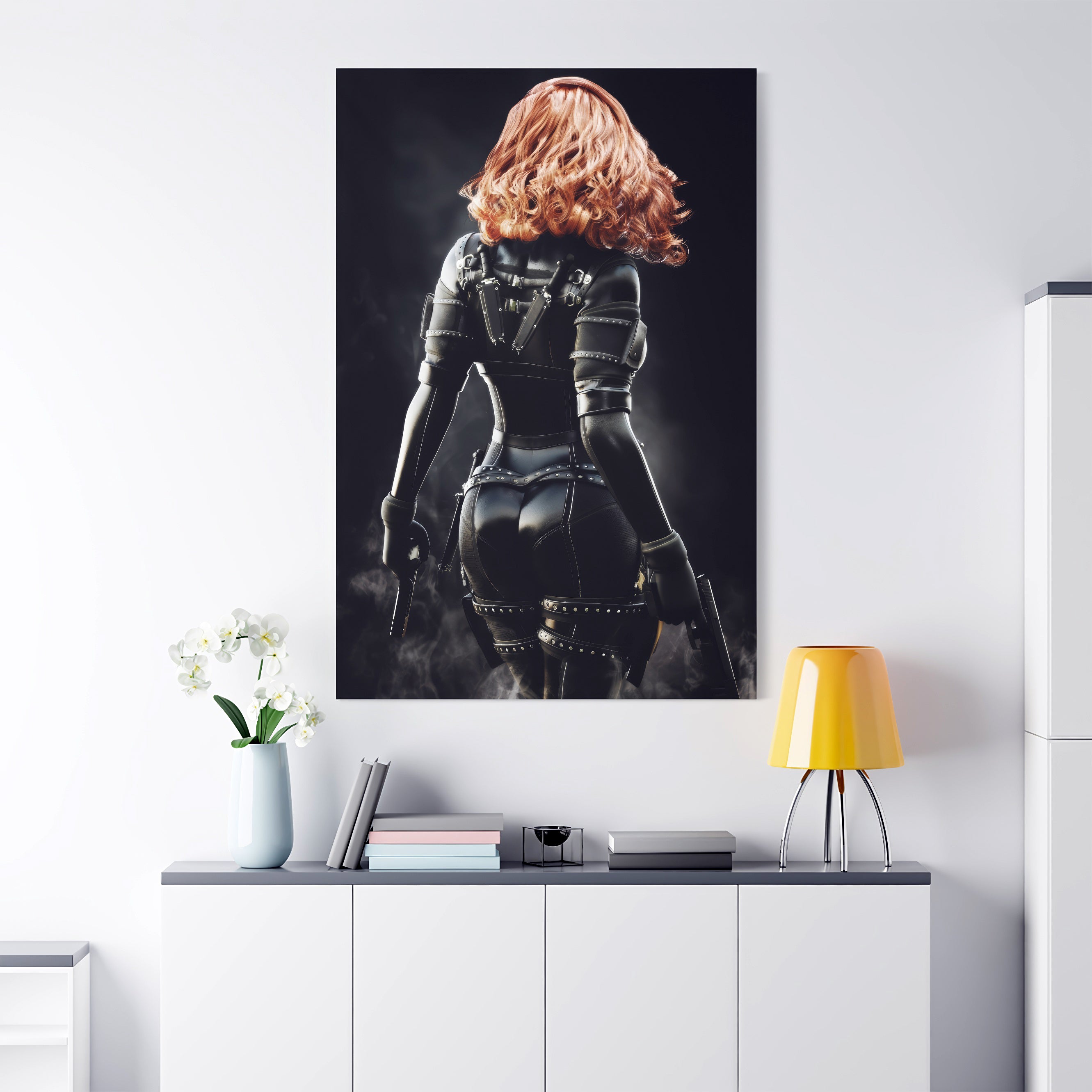 Futuristic red headed assassin wearing black leather armor