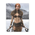 Red-haired Viking warrior stands in a snowy wilderness, wearing fur-trimmed armor and wielding twin battle axes, embodying strength, courage, and survival.