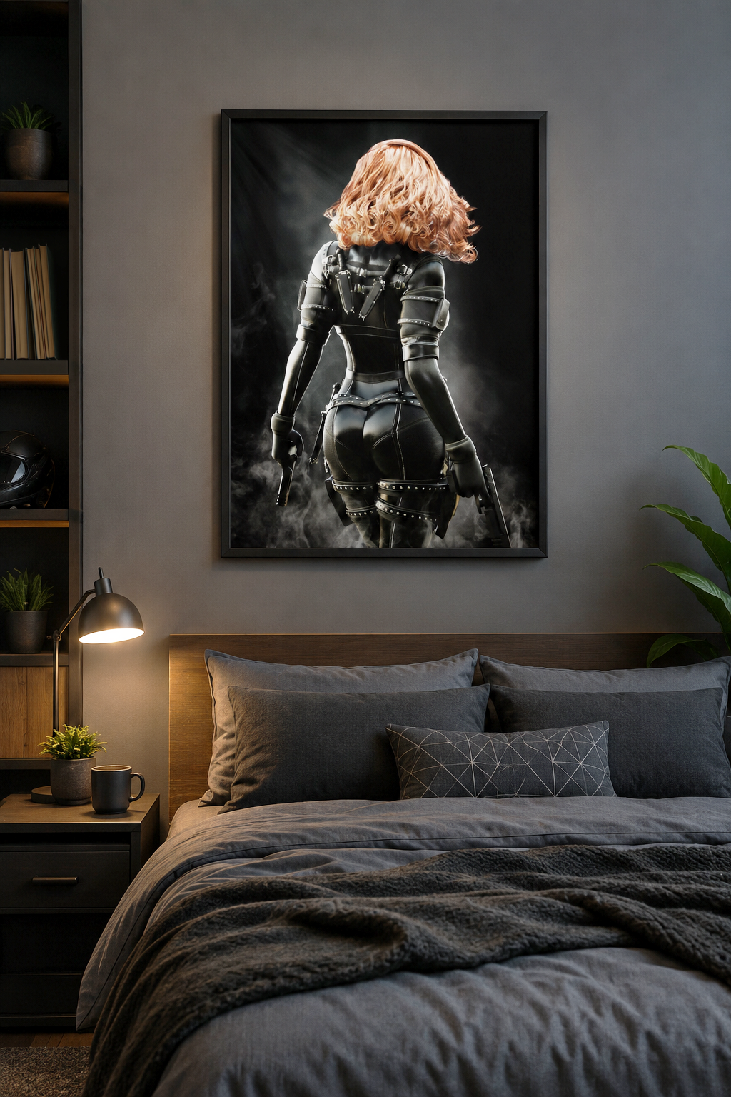 Fantasy wall art featuring a red-haired female assassin in a black tactical suit, holding dual pistols amid swirling smoke and dramatic light.