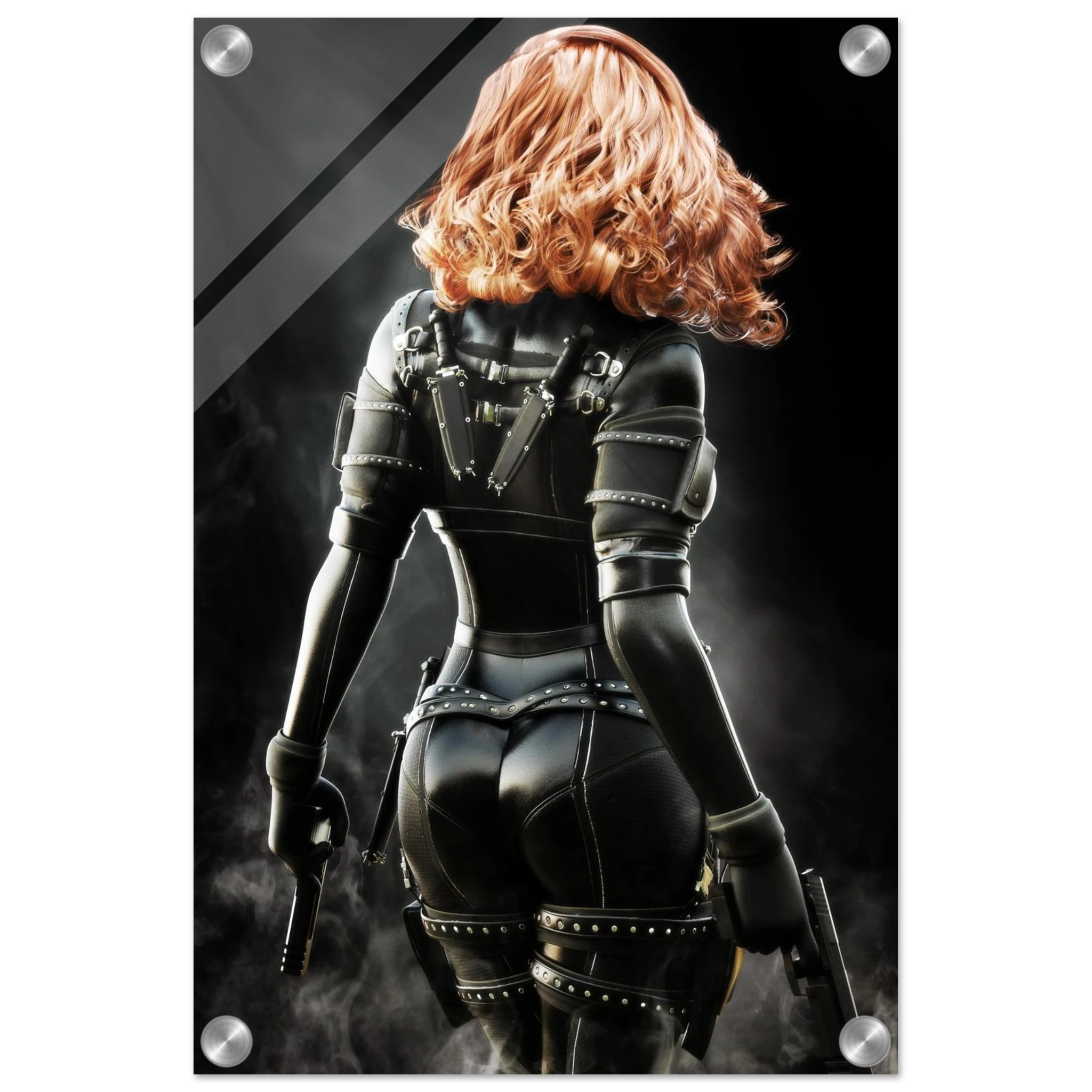 Handcrafted fantasy artwork depicting a highly skilled redheaded assassin viewed from behind as she walks through swirling smoke beneath dramatic overhead light. Wearing a sleek black tactical bodysuit with reinforced armor, twin shoulder-mounted blades, thigh holsters, and dual pistols held at her sides, she projects quiet confidence and deadly precision. Rich cinematic lighting highlights the realistic textures of her combat gear while the dark, atmospheric background emphasizes the mystery of a professio