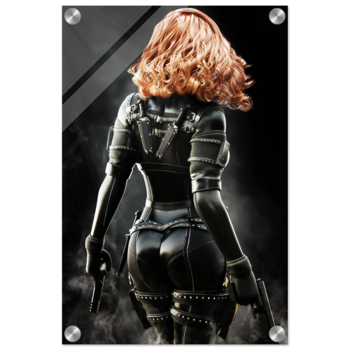Handcrafted fantasy artwork depicting a highly skilled redheaded assassin viewed from behind as she walks through swirling smoke beneath dramatic overhead light. Wearing a sleek black tactical bodysuit with reinforced armor, twin shoulder-mounted blades, thigh holsters, and dual pistols held at her sides, she projects quiet confidence and deadly precision. Rich cinematic lighting highlights the realistic textures of her combat gear while the dark, atmospheric background emphasizes the mystery of a professio