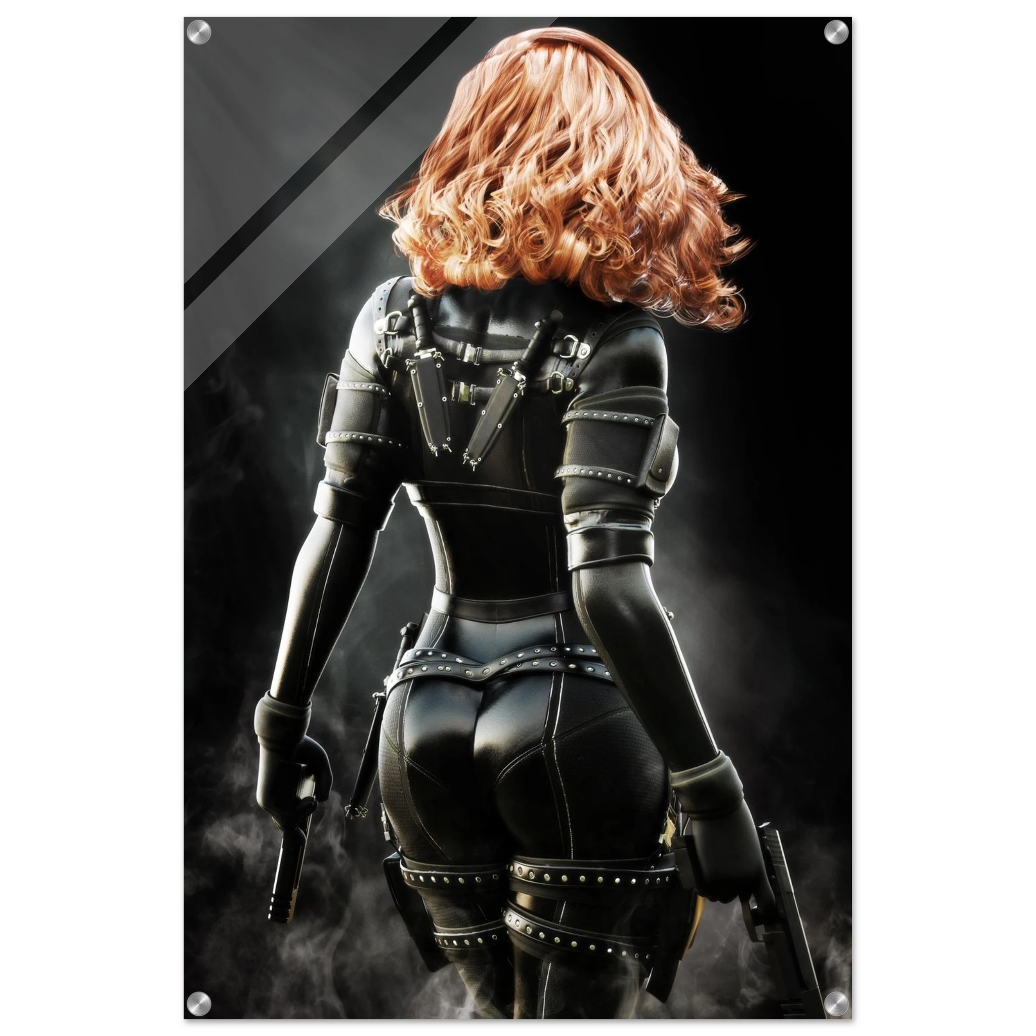 Handcrafted fantasy artwork depicting a highly skilled redheaded assassin viewed from behind as she walks through swirling smoke beneath dramatic overhead light. Wearing a sleek black tactical bodysuit with reinforced armor, twin shoulder-mounted blades, thigh holsters, and dual pistols held at her sides, she projects quiet confidence and deadly precision. Rich cinematic lighting highlights the realistic textures of her combat gear while the dark, atmospheric background emphasizes the mystery of a professio