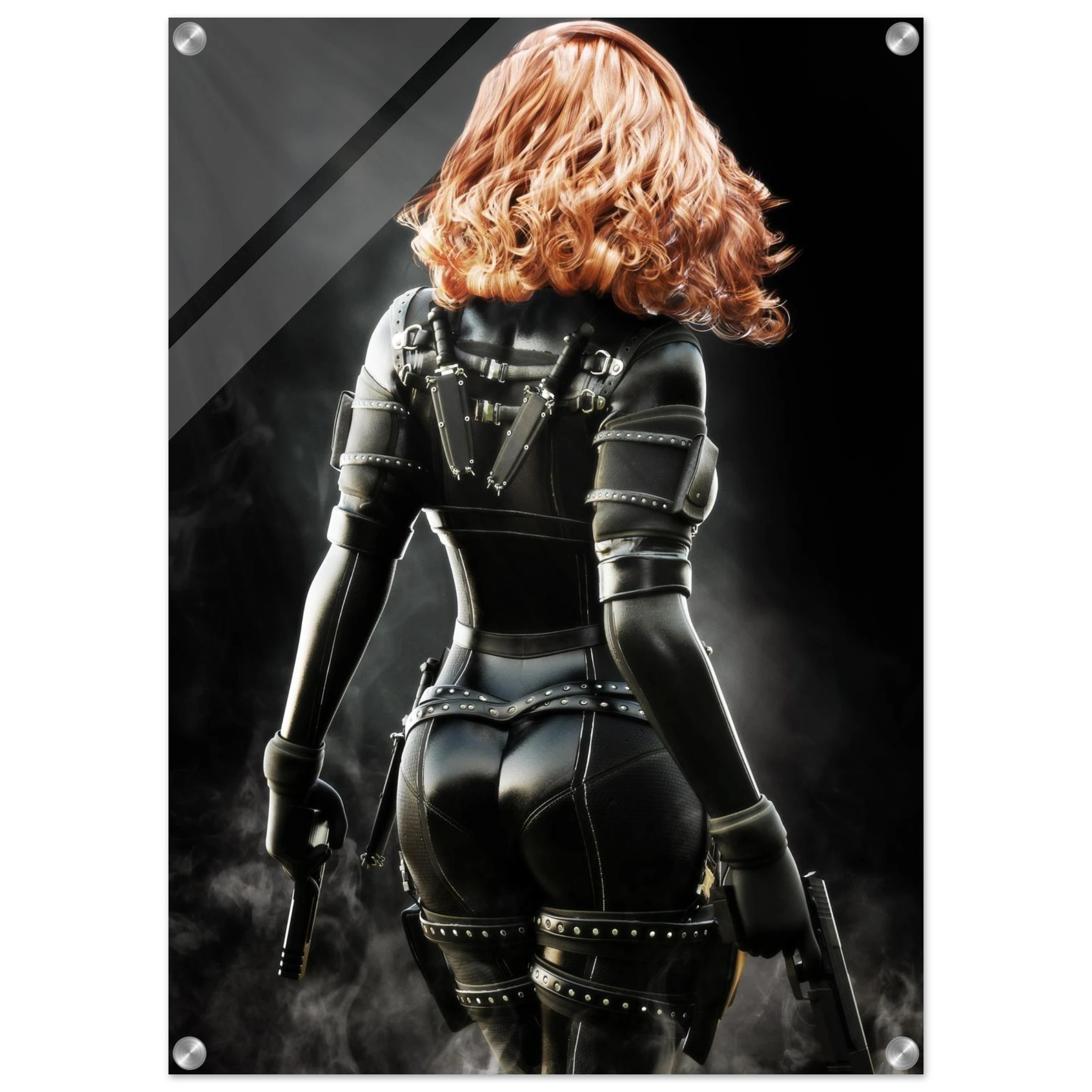 Handcrafted fantasy artwork depicting a highly skilled redheaded assassin viewed from behind as she walks through swirling smoke beneath dramatic overhead light. Wearing a sleek black tactical bodysuit with reinforced armor, twin shoulder-mounted blades, thigh holsters, and dual pistols held at her sides, she projects quiet confidence and deadly precision. Rich cinematic lighting highlights the realistic textures of her combat gear while the dark, atmospheric background emphasizes the mystery of a professio