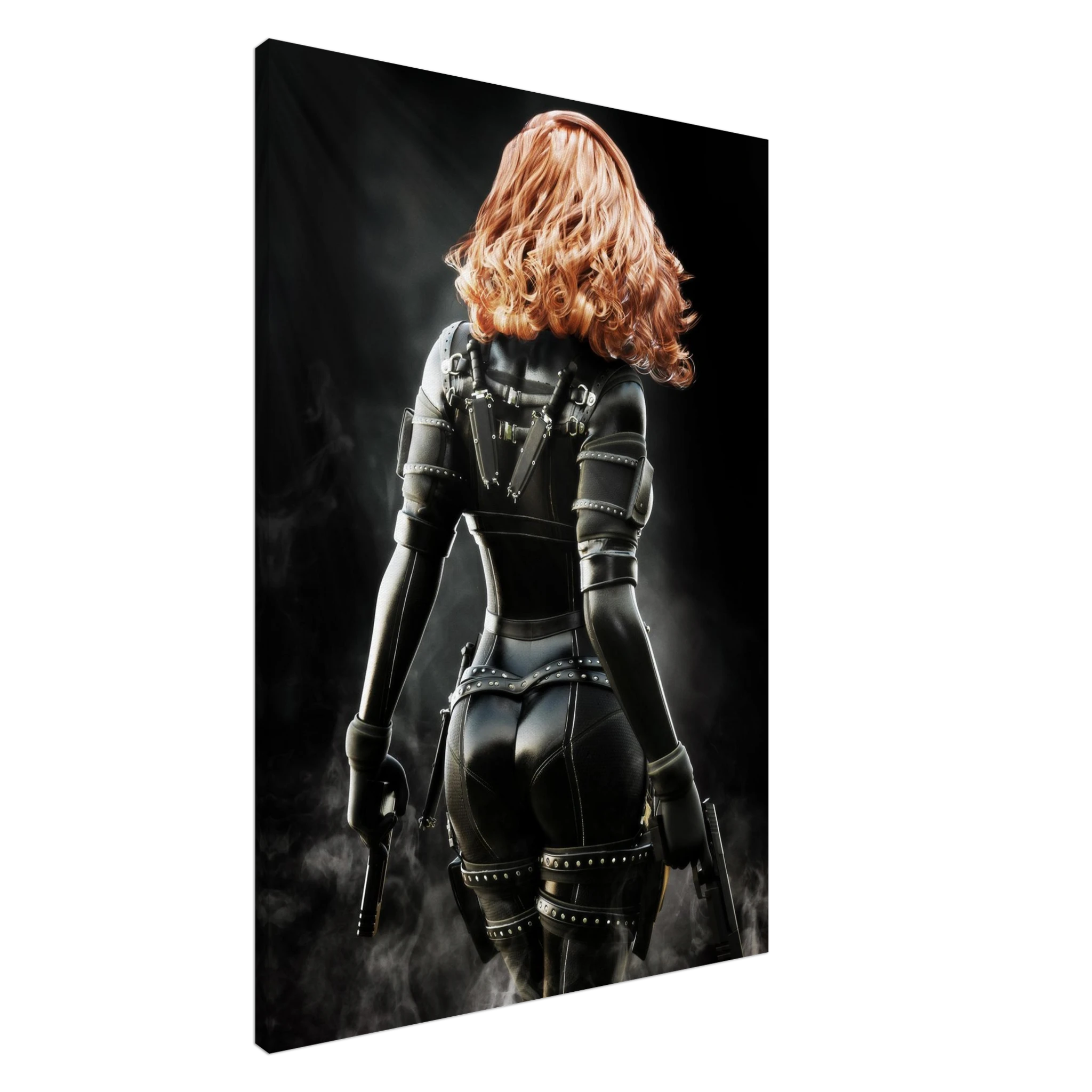 Handcrafted fantasy artwork depicting a highly skilled redheaded assassin viewed from behind as she walks through swirling smoke beneath dramatic overhead light. Wearing a sleek black tactical bodysuit with reinforced armor, twin shoulder-mounted blades, thigh holsters, and dual pistols held at her sides, she projects quiet confidence and deadly precision. Rich cinematic lighting highlights the realistic textures of her combat gear while the dark, atmospheric background emphasizes the mystery of a professio
