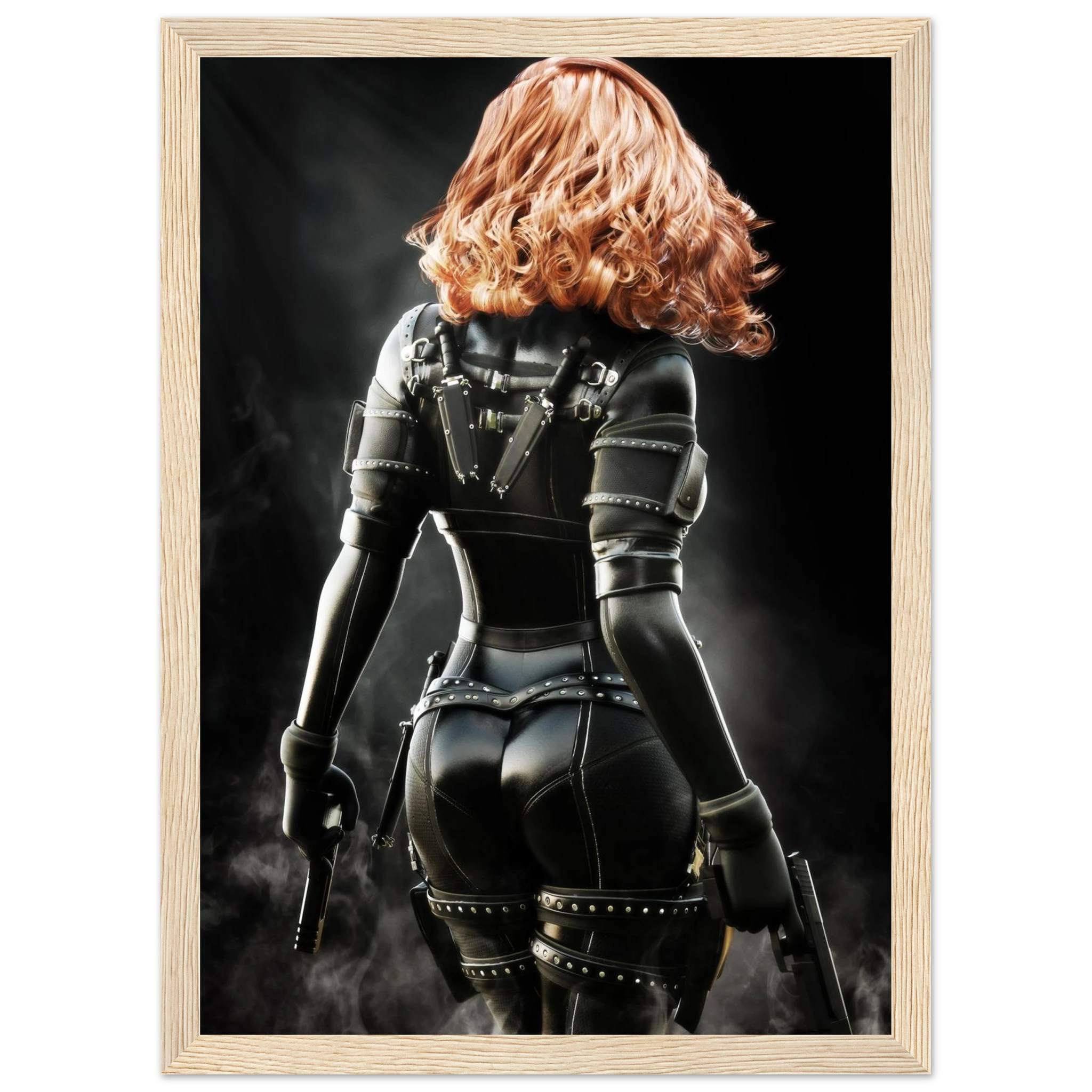 Handcrafted fantasy artwork depicting a highly skilled redheaded assassin viewed from behind as she walks through swirling smoke beneath dramatic overhead light. Wearing a sleek black tactical bodysuit with reinforced armor, twin shoulder-mounted blades, thigh holsters, and dual pistols held at her sides, she projects quiet confidence and deadly precision. Rich cinematic lighting highlights the realistic textures of her combat gear while the dark, atmospheric background emphasizes the mystery of a professio