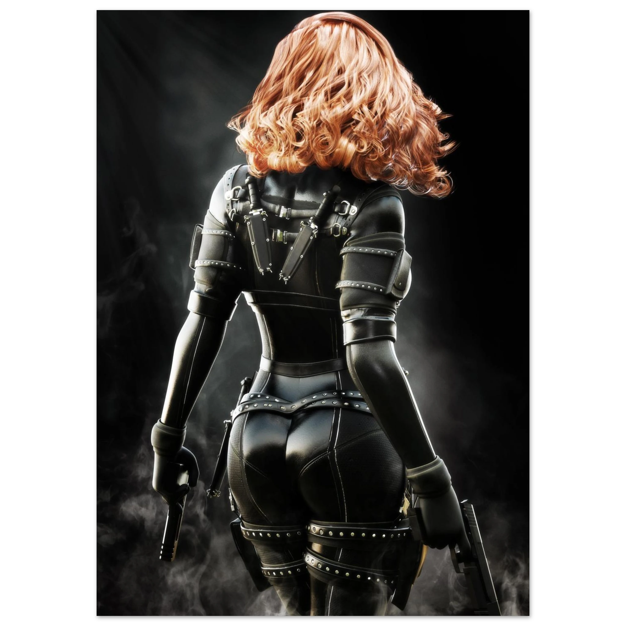 Handcrafted fantasy artwork depicting a highly skilled redheaded assassin viewed from behind as she walks through swirling smoke beneath dramatic overhead light. Wearing a sleek black tactical bodysuit with reinforced armor, twin shoulder-mounted blades, thigh holsters, and dual pistols held at her sides, she projects quiet confidence and deadly precision. Rich cinematic lighting highlights the realistic textures of her combat gear while the dark, atmospheric background emphasizes the mystery of a professio