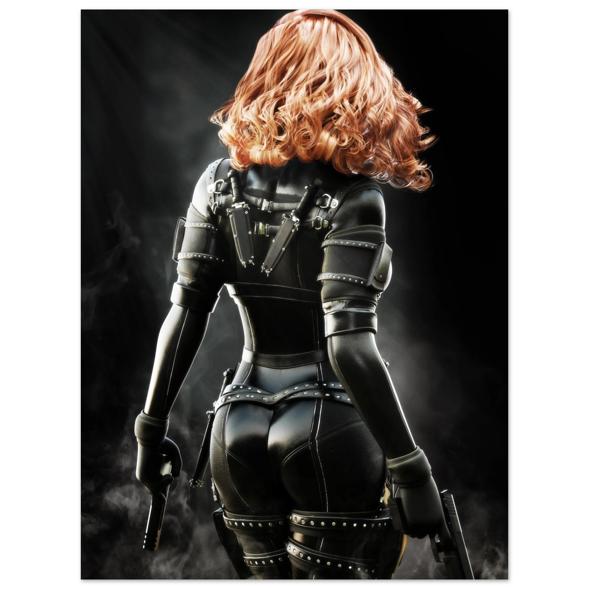 Handcrafted fantasy artwork depicting a highly skilled redheaded assassin viewed from behind as she walks through swirling smoke beneath dramatic overhead light. Wearing a sleek black tactical bodysuit with reinforced armor, twin shoulder-mounted blades, thigh holsters, and dual pistols held at her sides, she projects quiet confidence and deadly precision. Rich cinematic lighting highlights the realistic textures of her combat gear while the dark, atmospheric background emphasizes the mystery of a professio