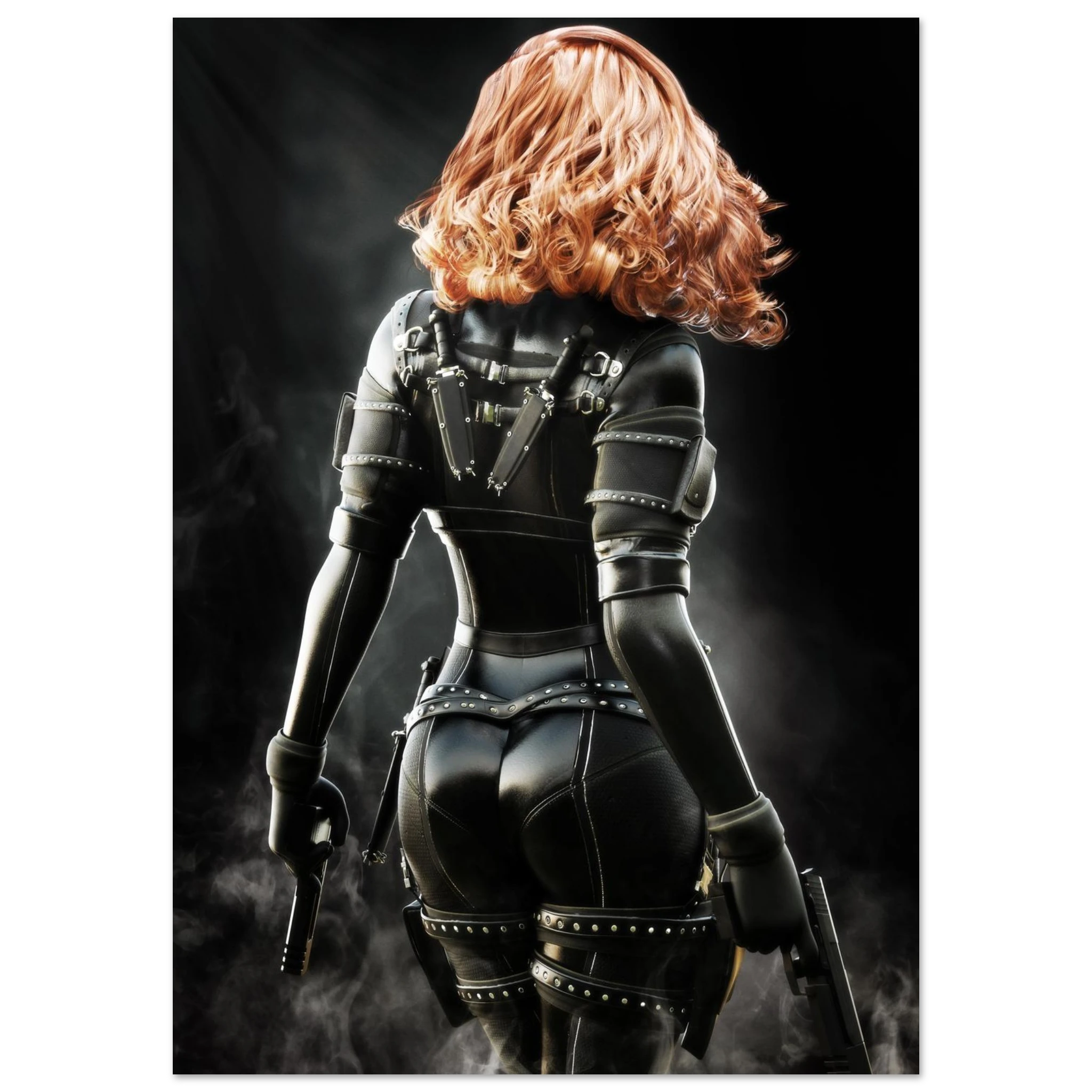 Handcrafted fantasy artwork depicting a highly skilled redheaded assassin viewed from behind as she walks through swirling smoke beneath dramatic overhead light. Wearing a sleek black tactical bodysuit with reinforced armor, twin shoulder-mounted blades, thigh holsters, and dual pistols held at her sides, she projects quiet confidence and deadly precision. Rich cinematic lighting highlights the realistic textures of her combat gear while the dark, atmospheric background emphasizes the mystery of a professio