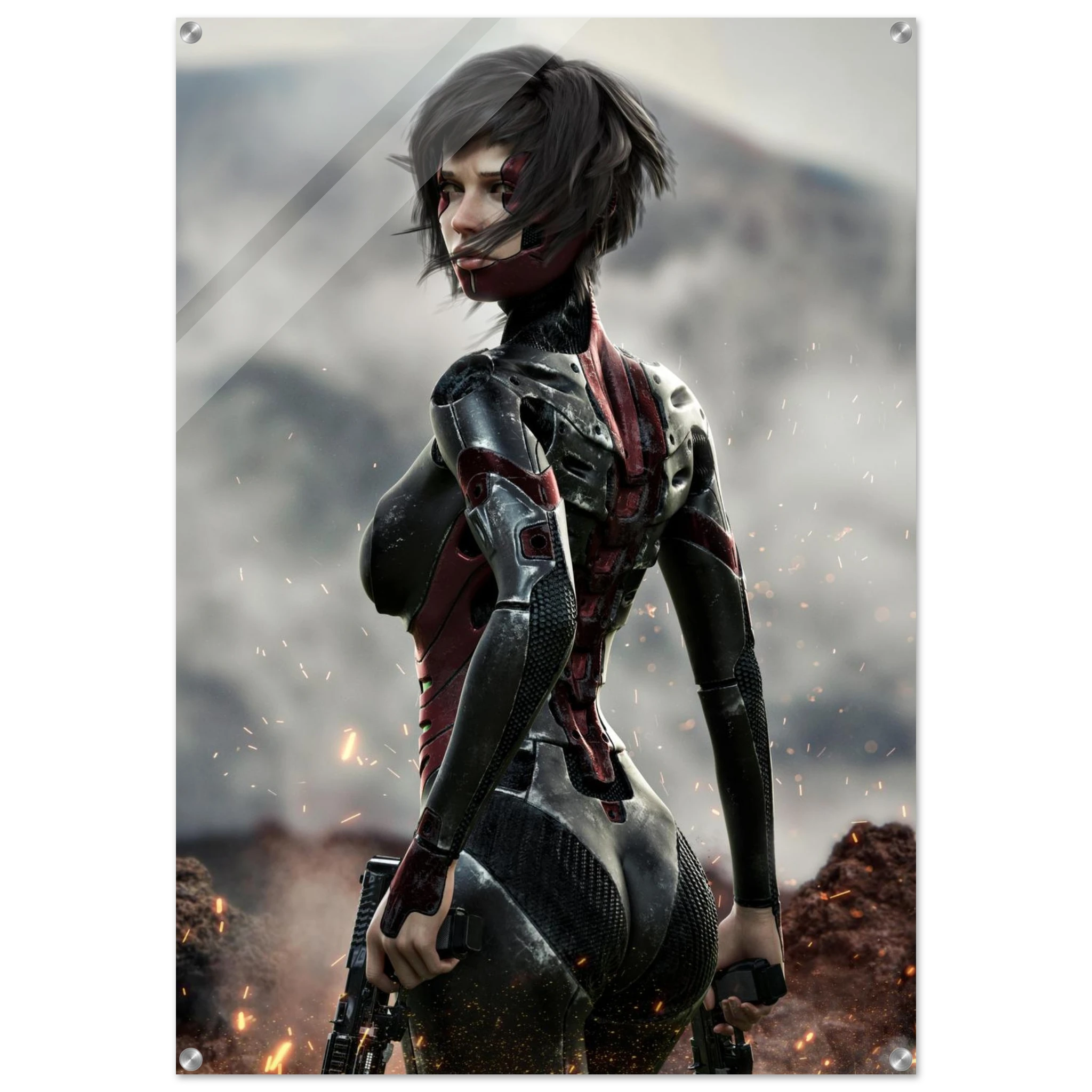 A vertical wall art print featuring a stylized female sci-fi character in a black and red bodysuit, standing in a smoky outdoor scene with sparks and rocks. The print has four metal corner brackets and is shown against a plain white background.