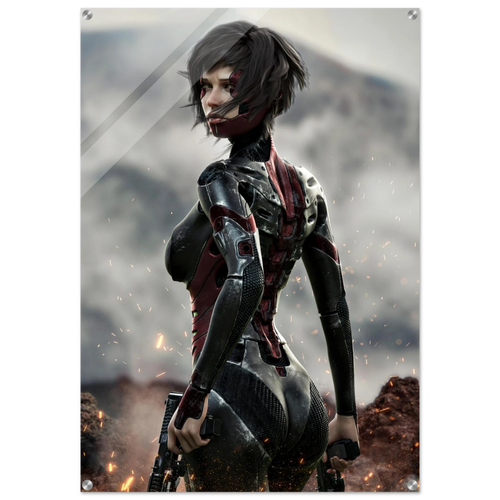 A vertical wall art print featuring a stylized female sci-fi character in a black and red bodysuit, standing in a smoky outdoor scene with sparks and rocks. The print has four metal corner brackets and is shown against a plain white background.