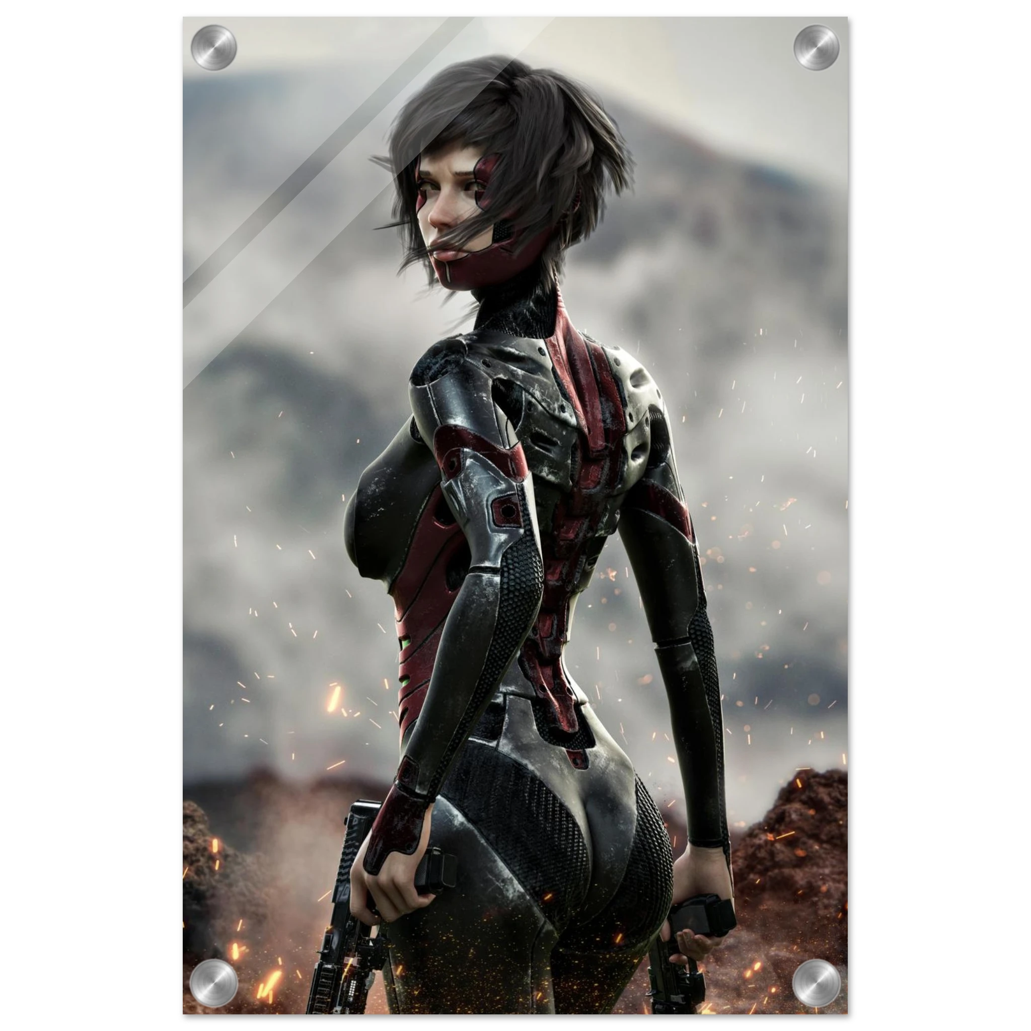 A vertical art print or poster featuring a stylized female sci-fi character in a black and red bodysuit, standing in a smoky outdoor scene with sparks and rocks. The print is shown with rounded corners and metallic screw-hole details, suggesting a physical poster or framed print mockup.