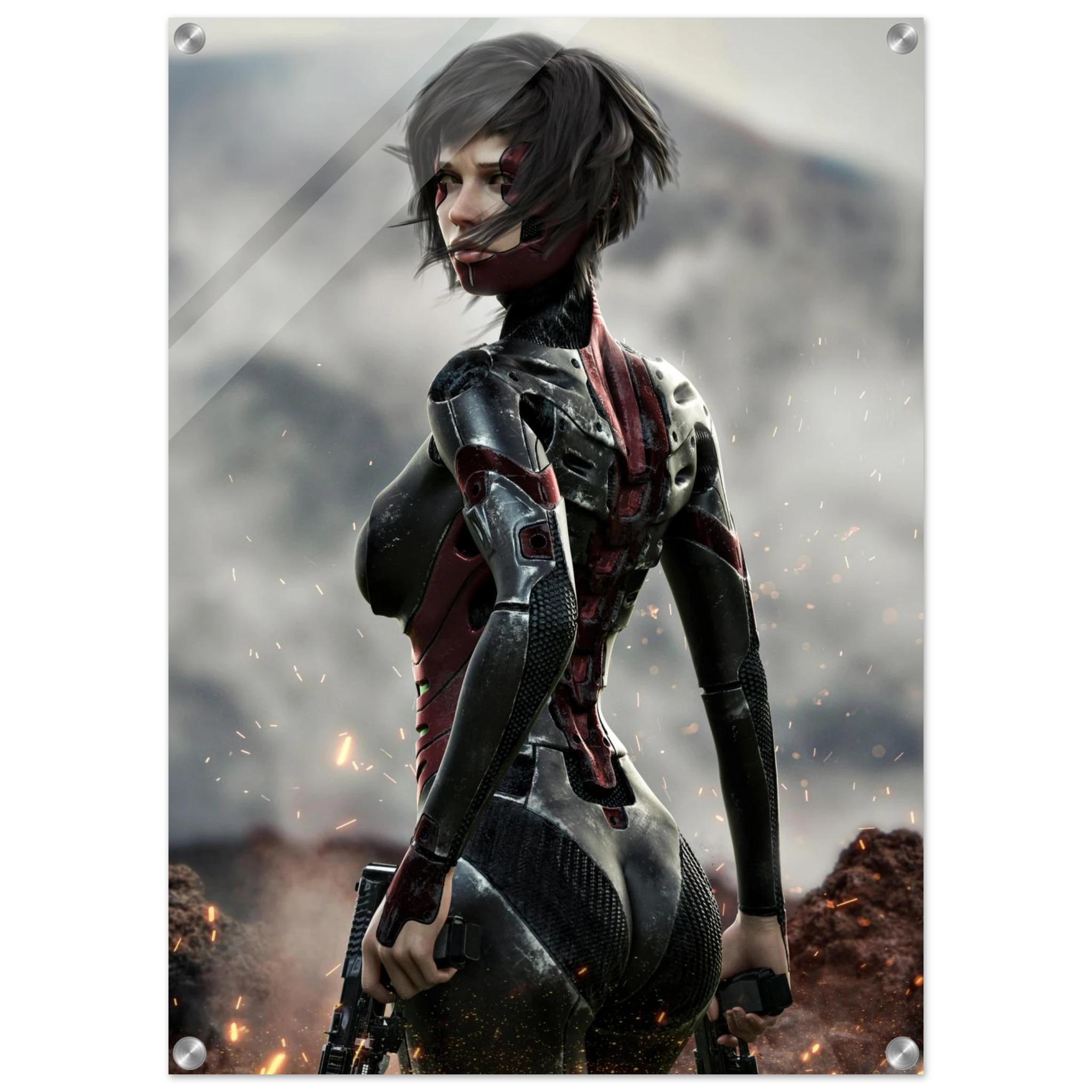 A vertical poster or print featuring a stylized female sci-fi character in black and red armor, shown against a smoky gray background with sparks and rocky ground. The print has four metal grommets in the corners, suggesting it is a wall art product.