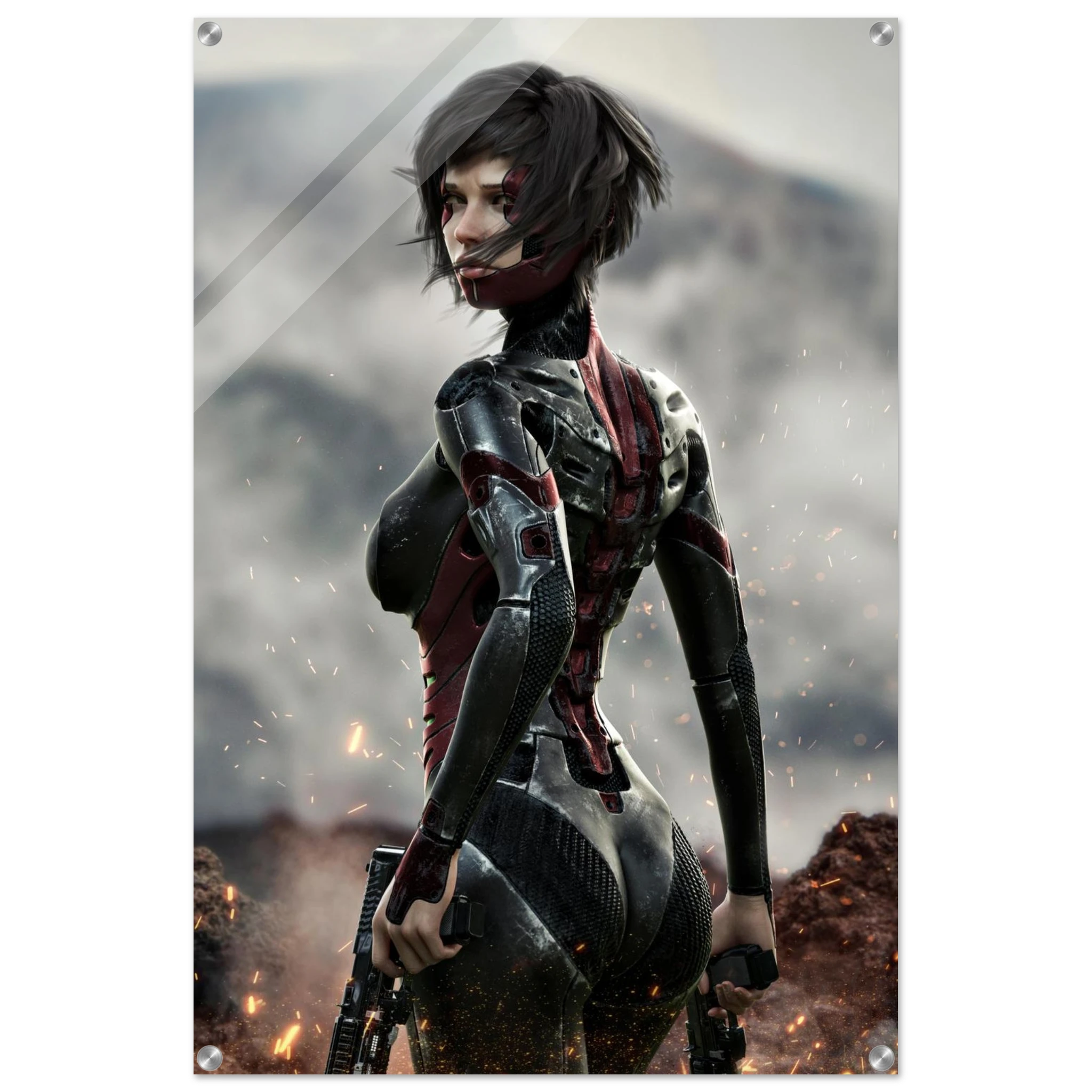 A vertical wall art print featuring a stylized female warrior character in a black and red futuristic bodysuit, standing in a smoky outdoor scene with sparks and rocks. The print is shown against a plain white background with subtle drop shadows at the edges.
