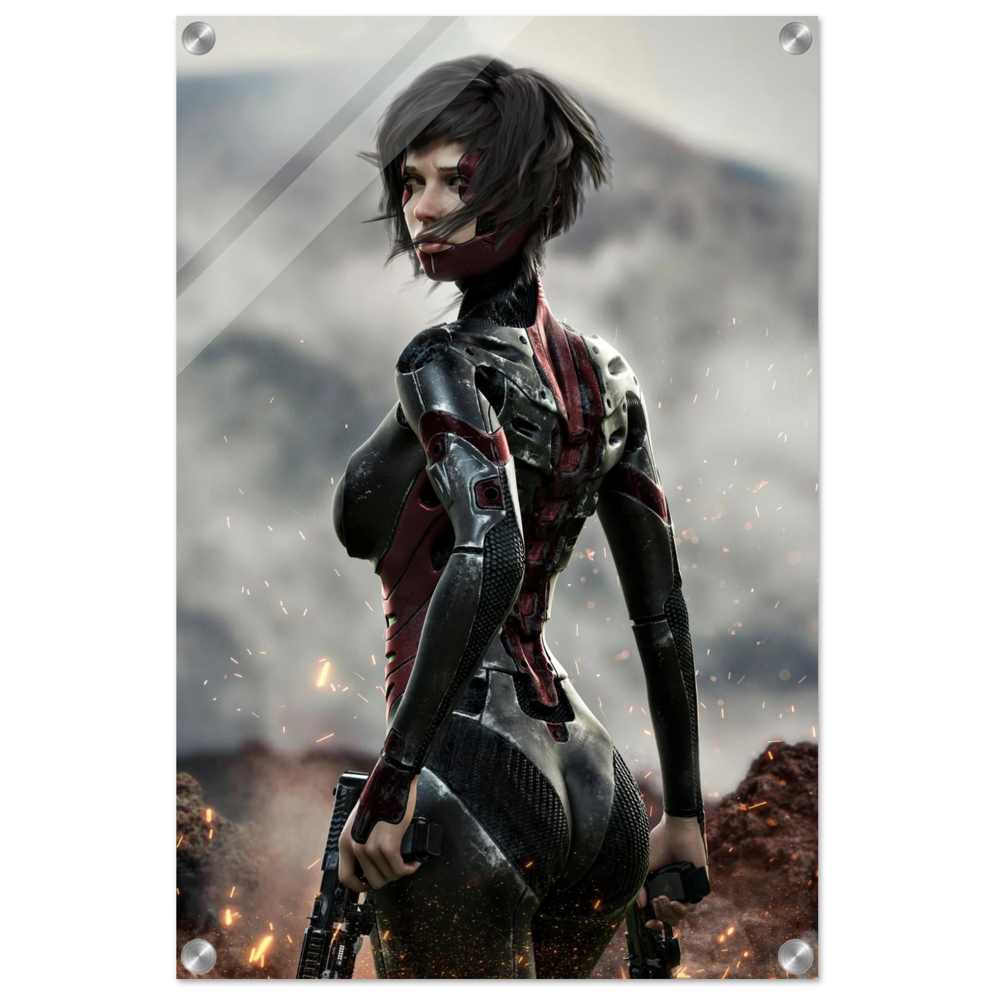 A vertical art print or poster featuring a stylized female sci-fi character in a black and red bodysuit, standing in a smoky outdoor scene with sparks and rocks. The print is shown against a plain white background with rounded corners and small metallic screw-hole covers.