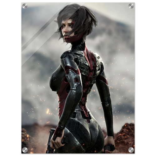A vertical wall art print featuring a futuristic female cyberpunk character in a black and red armored suit, shown from behind against a smoky gray mountainous background. The print has visible mounting holes in the corners and is displayed on a white background.