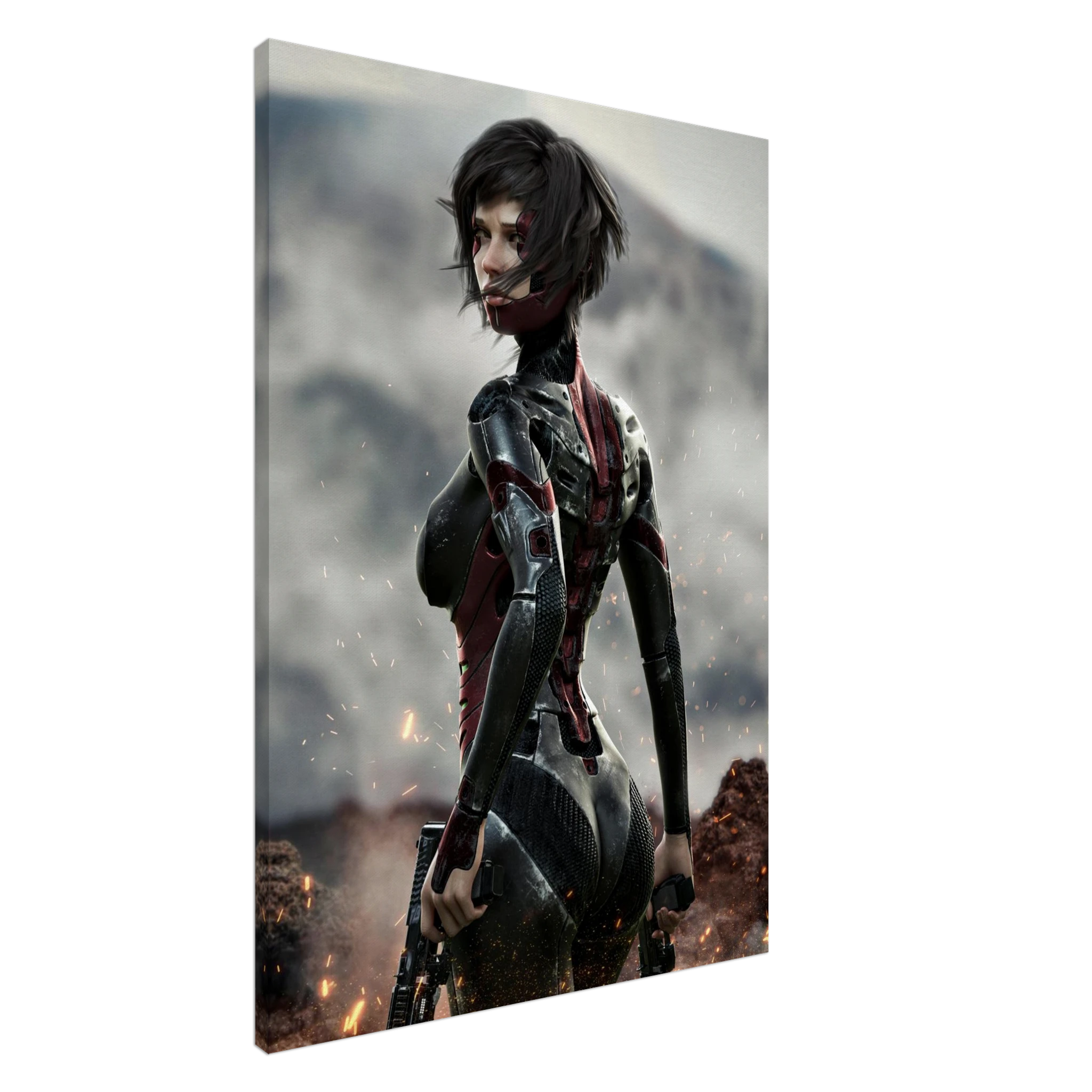 A vertical canvas wall art print featuring a stylized female sci-fi character in a black and red bodysuit, standing in a smoky, fiery outdoor scene. The canvas is shown at an angle against a plain white background.